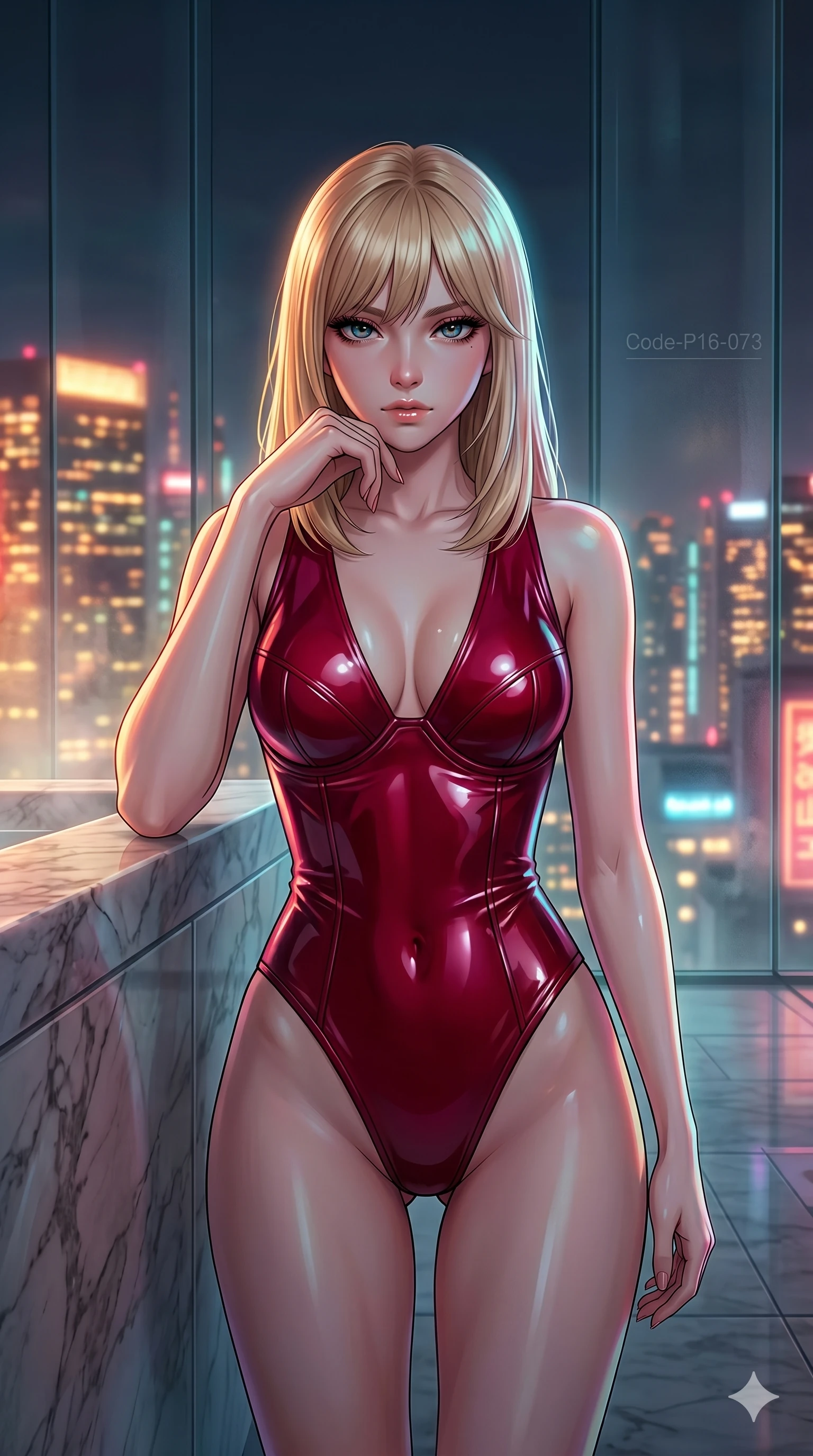 score_9, masterpiece, best quality, ultra-detailed, high-budget anime keyframe, editorial fashion photography, tasteful artistic composition, Japanese woman. cowboy shot from the thighs up, character and outfit filling the frame for maximum editorial presence. resting her chin on her hand, looking directly at the camera with a confident, piercing gaze in a luxury penthouse spa overlooking a glowing neon city skyline (Code-P16-073). She has an absolutely perfect 8-heads proportion, an exceptionally tall and slender female figure with impossibly long slender legs and an ultra-slim waist. V-shaped jawline, high-bridge nose, intricate jewel-like eyes with depth, thick eyelashes, glossy lips with a natural sheen. wearing a wet-look crimson latex bodysuit with structured cups and a plunging neckline. warm glowing city lights filtering through the glass, outlining her V-shaped jawline. 2k, ultra detail, master piece, 9:16 ratio