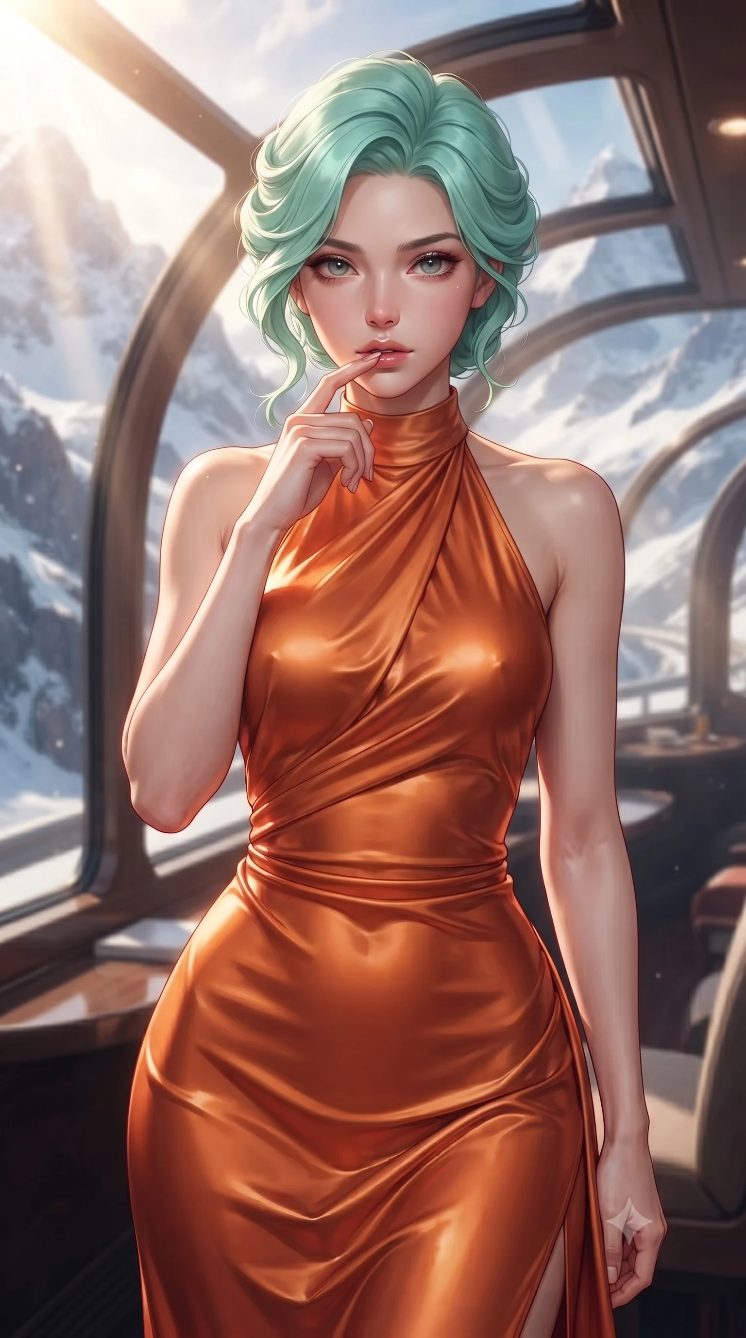 score_9, masterpiece, best quality, ultra-detailed, high-budget anime keyframe, editorial fashion photography, tasteful artistic composition, Japanese woman. close-up cowboy shot from the waist and thighs up, the character dominates the composition, filling the frame with her large presence, background elements kept in soft focus. pressing one finger to her bottom lip in a thoughtful, seductive gesture under the warm sun the background shows a soft-focus the curved glass lounge of a luxury train winding through snowy mountain peaks. She has an exceptionally elegant, slender, and willowy female figure with an ultra-slim waist, a gracefully sculpted slender torso, and a refined silhouette. sharp v-shaped jawline, high-bridge nose, intricate jewel-like eyes with depth, thick eyelashes, glossy lips with a natural sheen. wearing a form-contouring form-fitting liquid silk halter-neck maxi dress in sunset orange, draped elegantly to highlight her slender frame. bright morning alpine sunbeams filtering through the panorama window glass. ultra-reflective glossy finish, specular highlights, metallic sheen, high-contrast stereoscopic depth, volumetric dynamic lighting, 2k, ultra detail, master piece, 9:16 ratio