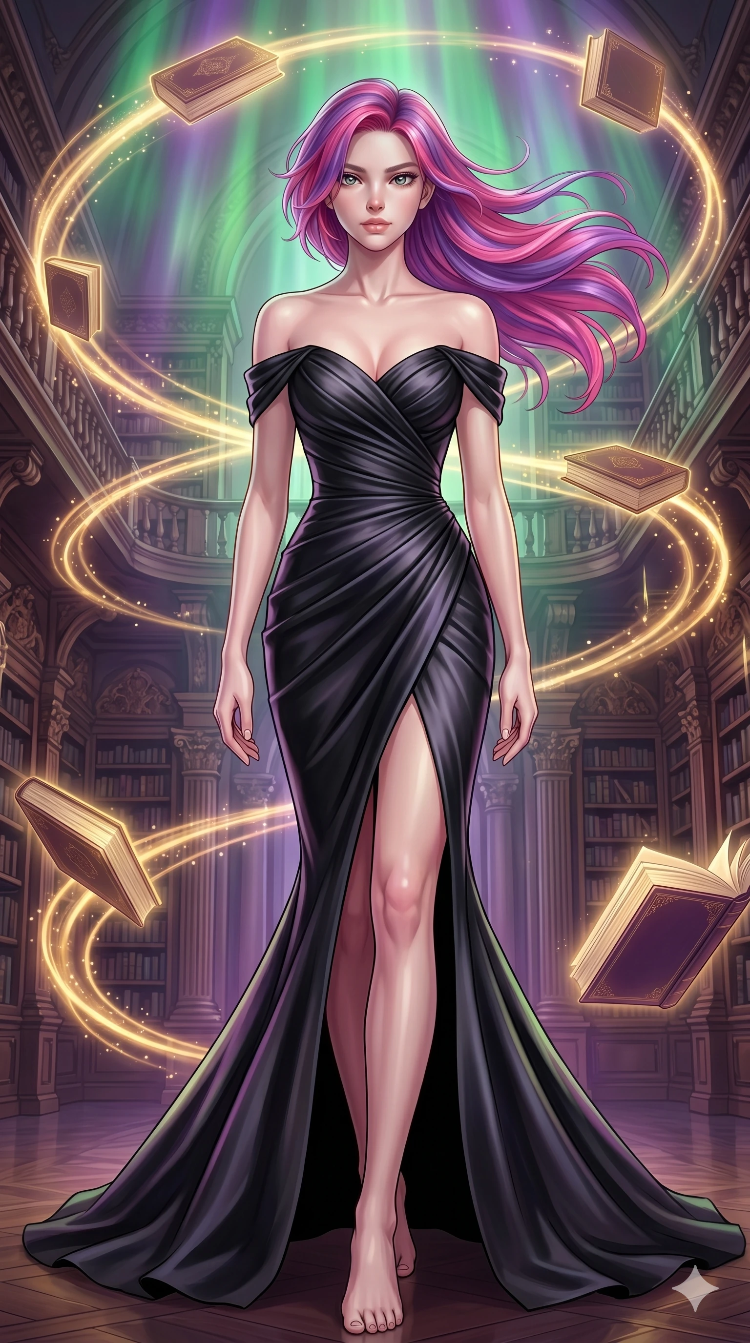 score_9, masterpiece, best quality, ultra-detailed, high-budget anime keyframe, editorial fashion photography, tasteful artistic composition, Caucasian woman, strictly human ears. low angle full-body shot from head to toe showing her feet, filling the entire 9:16 vertical frame with her statuesque presence, stretching her vertical silhouette. Walking in slow-motion with dramatic hair movement behind her amidst a baroque library where glowing golden books orbit in slow spiral patterns. She has an absolutely perfect 8-heads proportion, an exceptionally tall and slender female figure with impossibly long slender legs and an ultra-slim waist. V-shaped jawline, high-bridge nose, intricate jewel-like eyes with depth, thick eyelashes, glossy lips with a natural sheen. wearing an off-shoulder fitted mermaid gown in black pearl satin with sculptural ruched bodice, dramatic hip emphasis, and a fluted fishtail hem with a daring high front slit. illuminated by a shifting aurora palette of green, violet, and gold from above, wrapping her in color. 2k, ultra detail, master piece, 9:16 ratio
