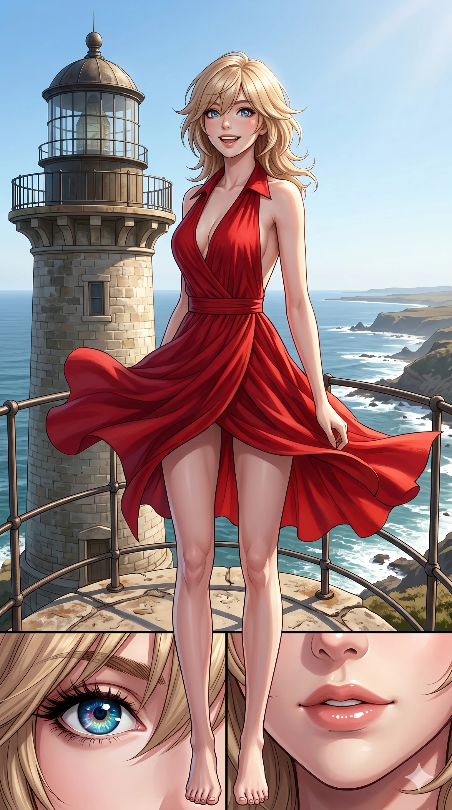 score_9, masterpiece, best quality, ultra-detailed, high-budget anime keyframe, editorial fashion photography, tasteful artistic composition, Japanese woman. cowboy shot from the thighs up, character and outfit filling the frame for maximum editorial presence. looking out at the vast horizon with a bright, inspired smile and happy eyes standing on a viewing platform of a lighthouse overlooking the coastline. She has an absolutely perfect 8-heads proportion, an exceptionally tall and slender female figure with impossibly long slender legs and an ultra-slim waist. V-shaped jawline, high-bridge nose, intricate jewel-like eyes with depth, thick eyelashes, glossy lips with a natural sheen. wearing a red wrap dress with a deep plunging collar and an open-back design. drenched in brilliant, direct midday sunlight and strong ocean breeze. 2k, ultra detail, master piece, 9:16 ratio