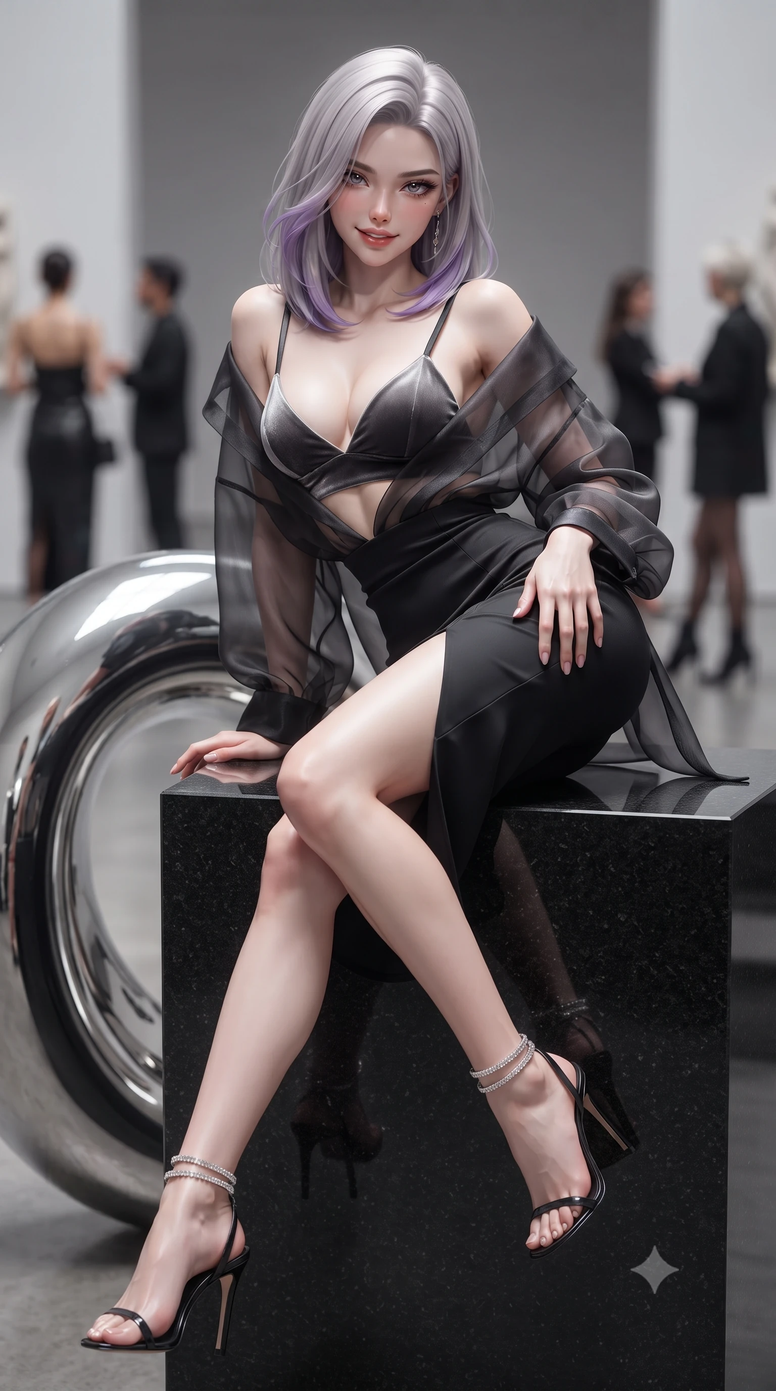 score_9, masterpiece, best quality, ultra-detailed, high-budget anime keyframe, editorial fashion photography, tasteful artistic composition, Caucasian woman. close-up cowboy shot from the waist and thighs up, the character dominates the composition, filling the frame with her large presence. tilting her head with a teasing half-smile, running one hand slowly down the side of her hip in a flirtatious S-curve as ambient light caresses her silhouette while lounging on the black granite pedestal propped on one hand, her flat midriff and long slender legs reflected in the curved chrome sculpture. The background shows a soft-focus sculpture gallery visitors softened in avant-garde contemporary shallow focus. She has an exceptionally elegant, slender, and willowy female figure with an ultra-slim waist, flat toned midriff, narrow ribcage, and sculpted feminine hips creating an alluring, slim hourglass silhouette without bulk. sharp v-shaped jawline, high-bridge nose, sparkling eyes with hypnotic seductive depth, thick curled eyelashes, glossy parted lips with a natural dewy peach sheen, alluring bedroom-eyes with an enchanting coquettish smile, exuding magnetic siren charisma and sophisticated glamour, flawlessly proportioned anatomical accuracy, strict slender model proportions, natural body alignment, perfectly sculpted long slender limbs, ultra-slim waistline, clean dynamic posture without body distortion. wearing a delicate sheer organza kimono-style architectural wrap slipping off bare shoulders over a matching satin bralette in dual-tone high-contrast avant-garde monochrome, tailored from ultra-plush velvet with rich tactile depth and deep shadow gradients, complemented by strappy stiletto sandals with crystal ankle wraps accentuating her slender calves, the liquid-tight tailored fabric clinging flawlessly to her narrow waist and rounded feminine hips, emphasizing every millimeter of her sculpted slim hourglass curves without any bulky heaviness. illuminated by curved chrome mirror reflections and sharp platinum-silver rim lights defining her collarbones, narrow waist, and curvy hips. ultra-reflective glossy finish, specular highlights, rich textural contrasts, high-contrast stereoscopic depth, volumetric dynamic lighting, 2k, ultra detail, master piece, 9:16 ratio