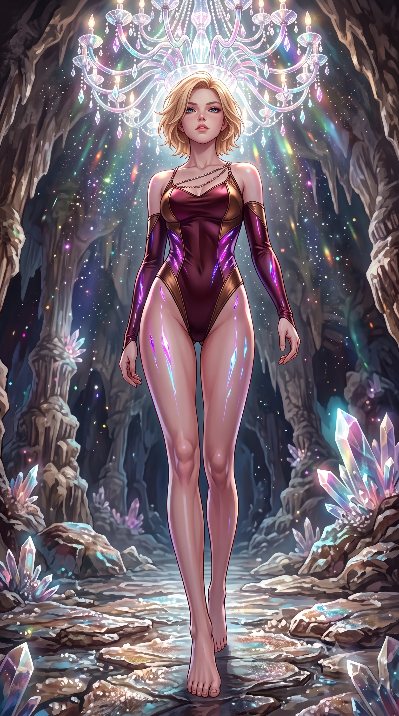 score_9, masterpiece, best quality, ultra-detailed, high-budget anime keyframe, editorial fashion photography, tasteful artistic composition, Caucasian woman. low angle full-body shot from head to toe showing her feet, filling the entire 9:16 vertical frame with her statuesque presence, stretching her vertical silhouette. stepping forward with proud posture, filling the vertical frame with her magnetic presence poised beneath a giant crystal chandelier refracting subterranean sunlight, glowing mineral dust shimmering like stars in the quiet cavern air. She has an absolutely perfect, statuesque 8.5-heads proportion, an exceptionally tall and slender model-like female figure with impossibly long slender legs and an ultra-slim waist. sharp v-shaped jawline, high-bridge nose, intricate jewel-like eyes with depth, thick eyelashes, glossy lips with a natural sheen. wearing an asymmetrical high-cut tech-bodysuit with detached sleeves in deep burgundy and bronze, crafted from smooth liquid silk, adorned with delicate metallic chain straps along the neckline, the tailored fabric tightly following every curve of her athletic build. illuminated by radiant purple, magenta, and cyan crystal inner glow. highly saturated vibrant anime colors, detailed shading with soft gradients, rich glossy textures, high-contrast stereoscopic depth, volumetric dynamic lighting, master piece, 9:16 ratio