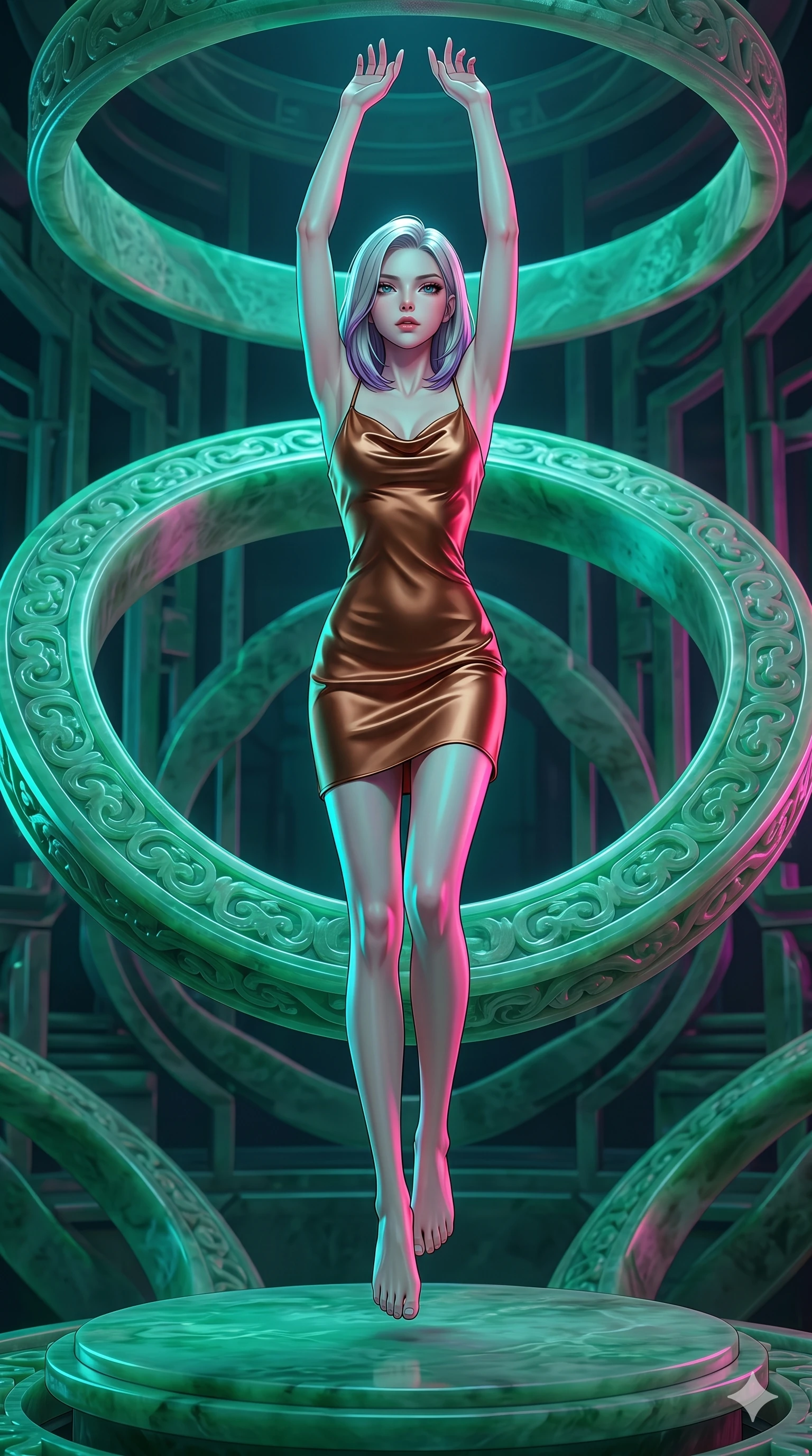 score_9, masterpiece, best quality, ultra-detailed, high-budget anime keyframe, editorial fashion photography, tasteful artistic composition, Caucasian woman, strictly human ears. low angle full-body shot from head to toe showing her feet, filling the entire 9:16 vertical frame with her statuesque presence, stretching her vertical silhouette. Leaping upward with both arms extended overhead, body fully extended on a circular platform surrounded by giant rotating rings of carved jade. She has an absolutely perfect 8-heads proportion, an exceptionally tall and slender female figure with impossibly long slender legs and an ultra-slim waist. V-shaped jawline, high-bridge nose, intricate jewel-like eyes with depth, thick eyelashes, glossy lips with a natural sheen. wearing a bias-cut slip dress in liquid bronze satin with a cowl neckline, thin spaghetti straps, and a form-contouring fit ending at mid-thigh. under intense neon teal and magenta split-lighting creating vivid chromatic contrast on her figure. 2k, ultra detail, master piece, 9:16 ratio