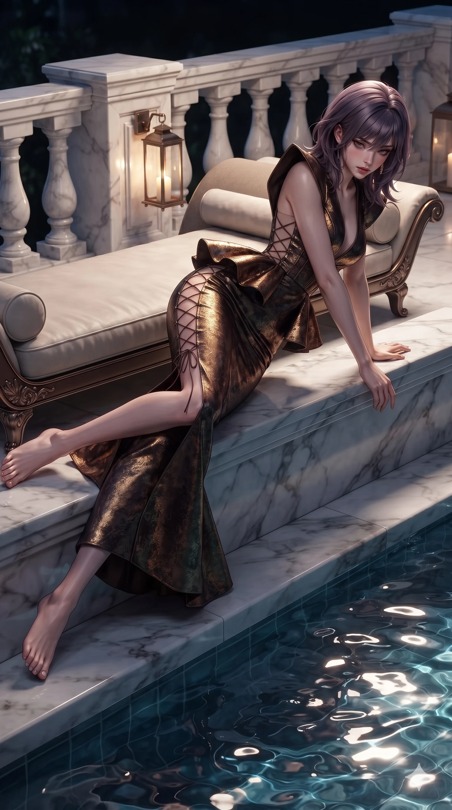 score_9, masterpiece, best quality, ultra-detailed, high-budget anime keyframe, editorial fashion photography, tasteful artistic composition, Japanese woman. low angle full-body shot from head to toe showing her feet, filling the entire 9:16 vertical frame with her statuesque presence, stretching her vertical silhouette. reclining gracefully across the plush chaise lounge with one leg extended, her sculpted silhouette and flat midriff radiating magnetic nocturnal glamour while leaning over the polished marble parapet with hips cocked back, looking through floating water reflections with heavy-lidded seductive eyes. The surrounding environment is rendered in vivid detail and crisp panoramic clarity: sharp marble balustrade carvings, polished bronze lantern brackets, and crisp water ripple textures in deep focus. She has an exceptionally tall and slender model-like 8.5-heads proportion, an ultra-slim waist, a flat toned midriff, narrow delicate ribcage, and beautifully sculpted feminine hips creating a graceful, slim hourglass silhouette without any bulky heaviness, with impossibly long slender legs. sharp v-shaped jawline, high-bridge nose, intricate jewel-like sparkling eyes with depth, thick eyelashes, glossy parted lips with a natural sheen, intensely captivating and seductive bedroom-eyes expression, exuding both youthful cute charm and sovereign luxury allure, flawlessly proportioned anatomical accuracy, strict slender model proportions, natural body alignment, perfectly sculpted long slender limbs, ultra-slim waistline, clean dynamic posture without body distortion. wearing a structural geometric peplum gown with sheer side-ribbon cutouts and form-fitting skirt in dark espresso brown and molten gold foil, crafted from bespoke double-faced cashmere with an exceptionally soft tactile finish, featuring fine criss-cross lace-up side ties revealing tantalizing glimpses of her hip curve, the liquid-tight tailored fabric clinging flawlessly to her narrow waist and rounded feminine hips, emphasizing every millimeter of her sculpted slim hourglass curves without any bulky heaviness. illuminated by water surface bounce and sharp champagne-gold rim lights defining her razor-sharp jawline, narrow waist, and curvy hips. ultra-reflective glossy finish, specular highlights, rich textural contrasts, high-contrast stereoscopic depth, volumetric dynamic lighting, 2k, ultra detail, master piece, 9:16 ratio
