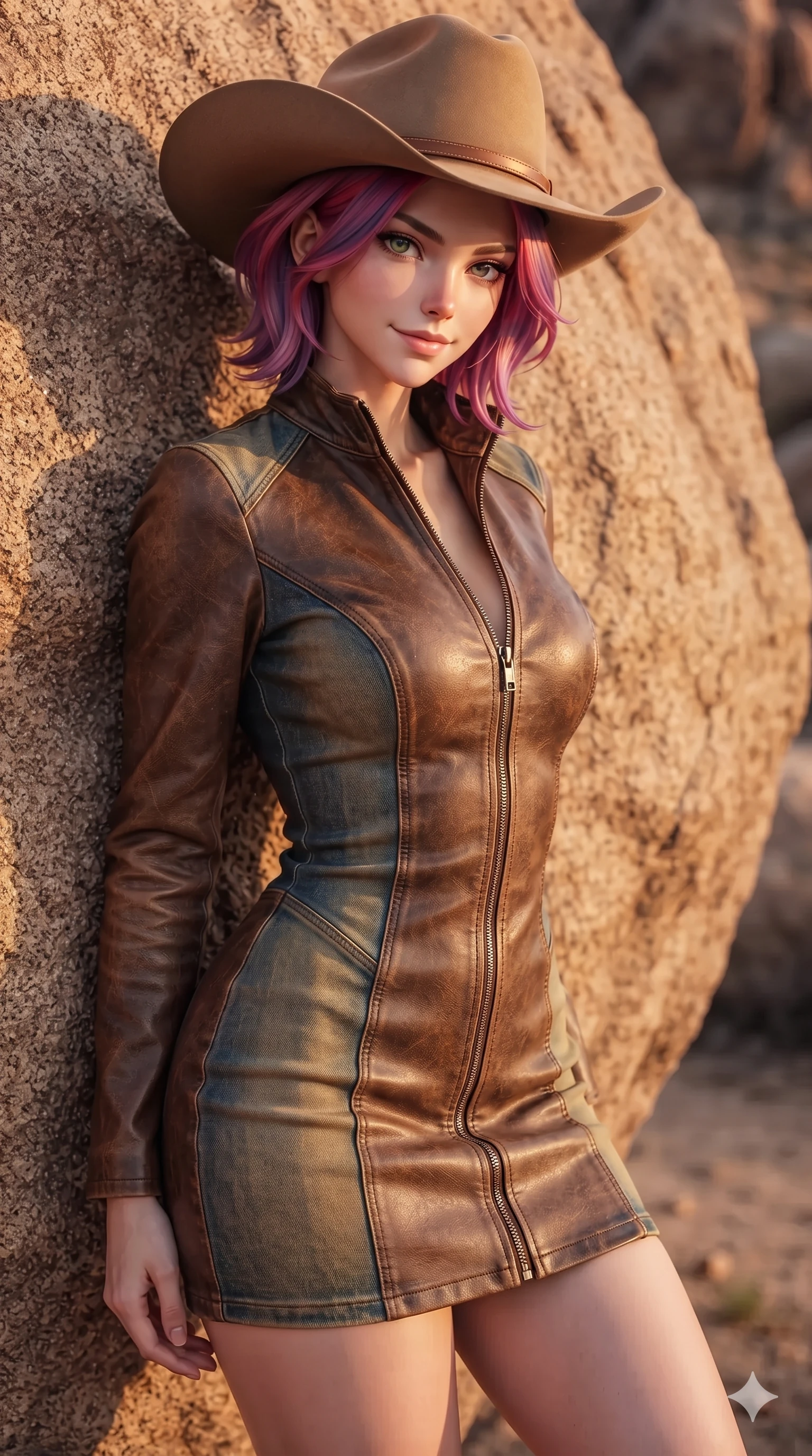 score_9, masterpiece, best quality, ultra-detailed, high-budget anime keyframe, editorial fashion photography, tasteful artistic composition, Caucasian woman. close-up cowboy shot from the waist and thighs up, the character dominates the composition, filling the frame with her large presence. twisting her slender torso in a deep contrapposto stance, hips dramatically shifted to accentuate her feminine curves while looking past her shoulder with smoldering bedroom-eyes while leaning against the warm rough granite rock face with hips cocked back, tilting her head with a teasing half-smile as ambient dusk light caresses her curves. The surrounding environment is rendered in vivid detail and crisp panoramic clarity: detailed form-contouring wet-look neoprene bodysuit, racing side stripes, and monumental boulders in razor-sharp precision. She has an exceptionally elegant, slender, and willowy female figure with an ultra-slim waist, flat toned midriff, narrow ribcage, and sculpted feminine hips creating an alluring, slim hourglass silhouette without bulk. sharp v-shaped jawline, high-bridge nose, sparkling eyes with hypnotic seductive depth, thick curled eyelashes, glossy parted lips with a natural dewy peach sheen, alluring bedroom-eyes with an enchanting coquettish smile, exuding magnetic siren charisma and sophisticated glamour, flawlessly proportioned anatomical accuracy, strict slender model proportions, natural body alignment, perfectly sculpted long slender limbs, ultra-slim waistline, clean dynamic posture without body distortion. wearing a glove-like stretch lambskin leather racer mini dress with double-ended front zipper and waist-cinching seams in distressed whiskey leather brown and sun-bleached denim blue, tailored from second-skin technical compression neoprene with athletic curve-sculpting stretch, finished with a wide-brimmed felt cowboy hat tipped back to frame her face and long glossy hair, the glove-like clinging cut tightly following the natural contour of her hips and long slender legs with youthful 8.5-heads elegance. illuminated by warm rock surface bounce and sharp golden-peach rim lights sculpting her razor-sharp jawline, narrow waist, and curvy hips. ultra-reflective glossy finish, specular highlights, rich textural contrasts, high-contrast stereoscopic depth, volumetric dynamic lighting, 2k, ultra detail, master piece, 9:16 ratio