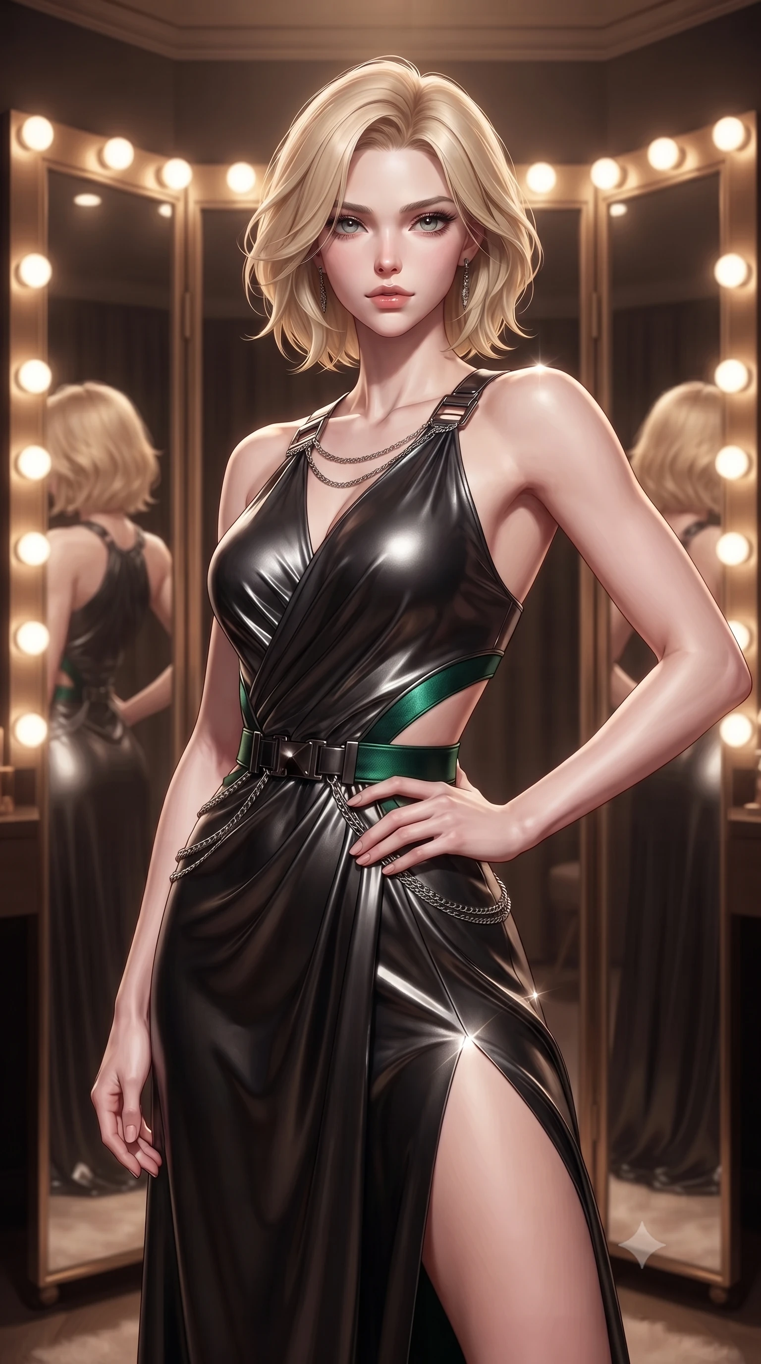 score_9, masterpiece, best quality, ultra-detailed, high-budget anime keyframe, editorial fashion photography, tasteful artistic composition, Caucasian woman. close-up cowboy shot from the waist and thighs up, the character dominates the composition, filling the frame with her large presence, background elements kept in soft focus. Holding a confident power pose with one hand on her hip, standing in a private VIP couture dressing room lined with warm vanity bulb mirrors, trifold mirror reflecting multiple angles of her slender, statuesque silhouette. She has an exceptionally elegant, slender, and willowy female figure with an ultra-slim waist, a gracefully sculpted slender torso, and a refined silhouette. sharp v-shaped jawline, high-bridge nose, intricate jewel-like eyes with depth, thick eyelashes, glossy lips with a natural sheen. wearing draped obsidian silk gown featuring tasteful waist slit cutouts in deep emerald green, made of liquid dark mercury jersey, framed by dark titanium buckles and silver chain details, highlighting her statuesque proportions and ultra-slim waistline. bathed in high-contrast studio spotlighting with crisp specular glints. ultra-reflective glossy finish, specular highlights, metallic sheen, high-contrast stereoscopic depth, volumetric dynamic lighting, 2k, ultra detail, master piece, 9:16 ratio