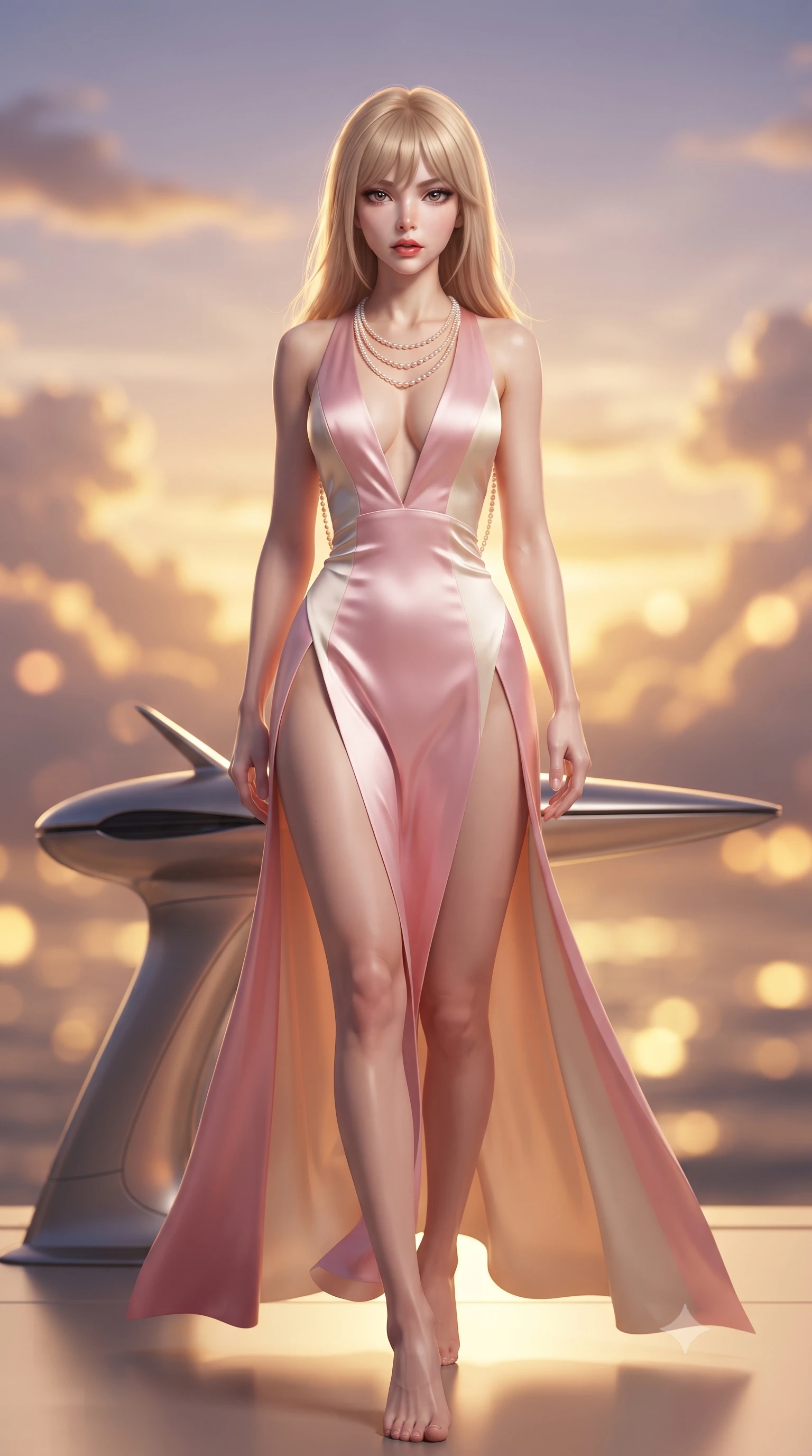 score_9, masterpiece, best quality, ultra-detailed, high-budget anime keyframe, editorial fashion photography, tasteful artistic composition, Japanese woman. low angle full-body shot from head to toe showing her feet, filling the entire 9:16 vertical frame with her statuesque presence, stretching her vertical silhouette. striding forward in a proud supermodel runway stride, hips swaying in an alluring kinetic rhythm that accentuates her curvy hourglass silhouette while standing poised beside the aerodynamic titanium navigation pedestal, twisting her slender torso in an alluring contrapposto stance in the golden twilight. The composition keeps background elements in soft focus with creamy bokeh. billowing sunset cumulus cloud formations and glowing twilight horizons blurred into molten gold, apricot, and lavender bokeh. She has an exceptionally tall and slender model-like 8.5-heads proportion, an ultra-slim waist, a flat toned midriff, narrow delicate ribcage, and beautifully sculpted feminine hips creating a graceful, slim hourglass silhouette without any bulky heaviness, with impossibly long slender legs. sharp v-shaped jawline, high-bridge nose, intricate jewel-like eyes with depth, thick eyelashes, glossy parted lips with a natural sheen, intensely captivating and seductive bedroom-eyes expression, flawlessly proportioned anatomical accuracy, strict slender model proportions, natural body alignment, perfectly sculpted long slender limbs, ultra-slim waistline, clean dynamic posture without body distortion. wearing a plunging-V neckline duchess satin gown with high side slits ascending to the high hip in sakura blossom pink and warm ivory, tailored from ultra-smooth duchess satin with a pearlescent sheen, accented with a multi-strand pearl back necklace cascading down her bare spine to her hips, the liquid-tight tailored fabric clinging flawlessly to her narrow waist and rounded feminine hips, emphasizing every millimeter of her sculpted slim hourglass curves without any bulky heaviness. illuminated by warm amber floor mood lights sharply defining her sculpted collarbones, flat midriff, and rounded hips. ultra-reflective glossy finish, specular highlights, rich textural contrasts, high-contrast stereoscopic depth, volumetric dynamic lighting, 2k, ultra detail, master piece, 9:16 ratio