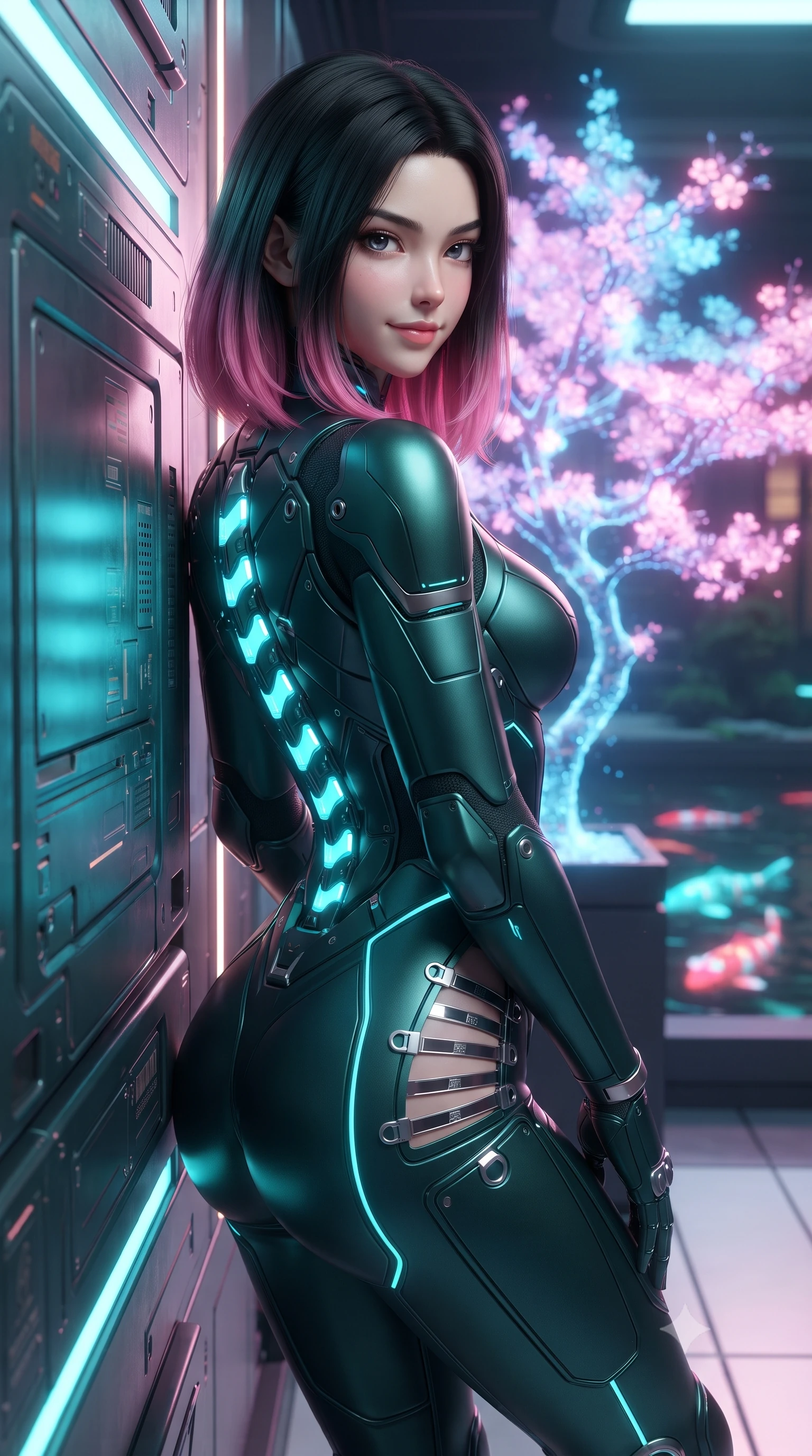 score_9, masterpiece, best quality, ultra-detailed, high-budget anime keyframe, editorial fashion photography, tasteful artistic composition, Korean woman. close-up cowboy shot from the waist and thighs up, the character dominates the composition, filling the frame with her large presence. leaning back against the glowing maintenance bulkhead with relaxed seductive grace, her flat midriff and narrow waist highlighted as laser ambient light traces her curves while standing poised beside a glowing holographic cherry blossom tree with hips cocked back, looking into the camera with bedroom-eyes. The background shows a soft-focus a quiet digital koi pond with swimming neon fish softened in poetic futuristic Japanese shallow focus. She has an exceptionally elegant, slender, and willowy female figure with an ultra-slim waist, flat toned midriff, narrow ribcage, and sculpted feminine hips creating an alluring, slim hourglass silhouette without bulk. sharp v-shaped jawline, high-bridge nose, intricate jewel-like sparkling eyes with depth, thick eyelashes, glossy parted lips with a natural sheen, bright confident smile with an enchanting and coquettish sensual glint, exuding both youthful magnetic charm and sovereign high-tech allure, flawlessly proportioned anatomical accuracy, strict slender model proportions, natural body alignment, perfectly sculpted long slender limbs, ultra-slim waistline, clean dynamic posture without body distortion. wearing a form-contouring exo-suit chassis with glowing cyan hydraulic spine braces worn over an ultra-slim bodysuit in dark emerald teal and ultraviolet glow lines, tailored from brushed aeronautical titanium alloy with matte satin sheen, finished with sharp laser-cut side ventilation slits framed by silver hardware rings, the liquid-tight tailored fabric clinging flawlessly to her narrow waist and rounded feminine hips, emphasizing every millimeter of her sculpted slim hourglass curves without any bulky heaviness. illuminated by floor light panels and sharp rose-gold rim lighting sculpting her razor-sharp jawline, narrow waist, and curvy hips. ultra-reflective glossy finish, specular highlights, rich textural contrasts, high-contrast stereoscopic depth, volumetric dynamic lighting, 2k, ultra detail, master piece, 9:16 ratio