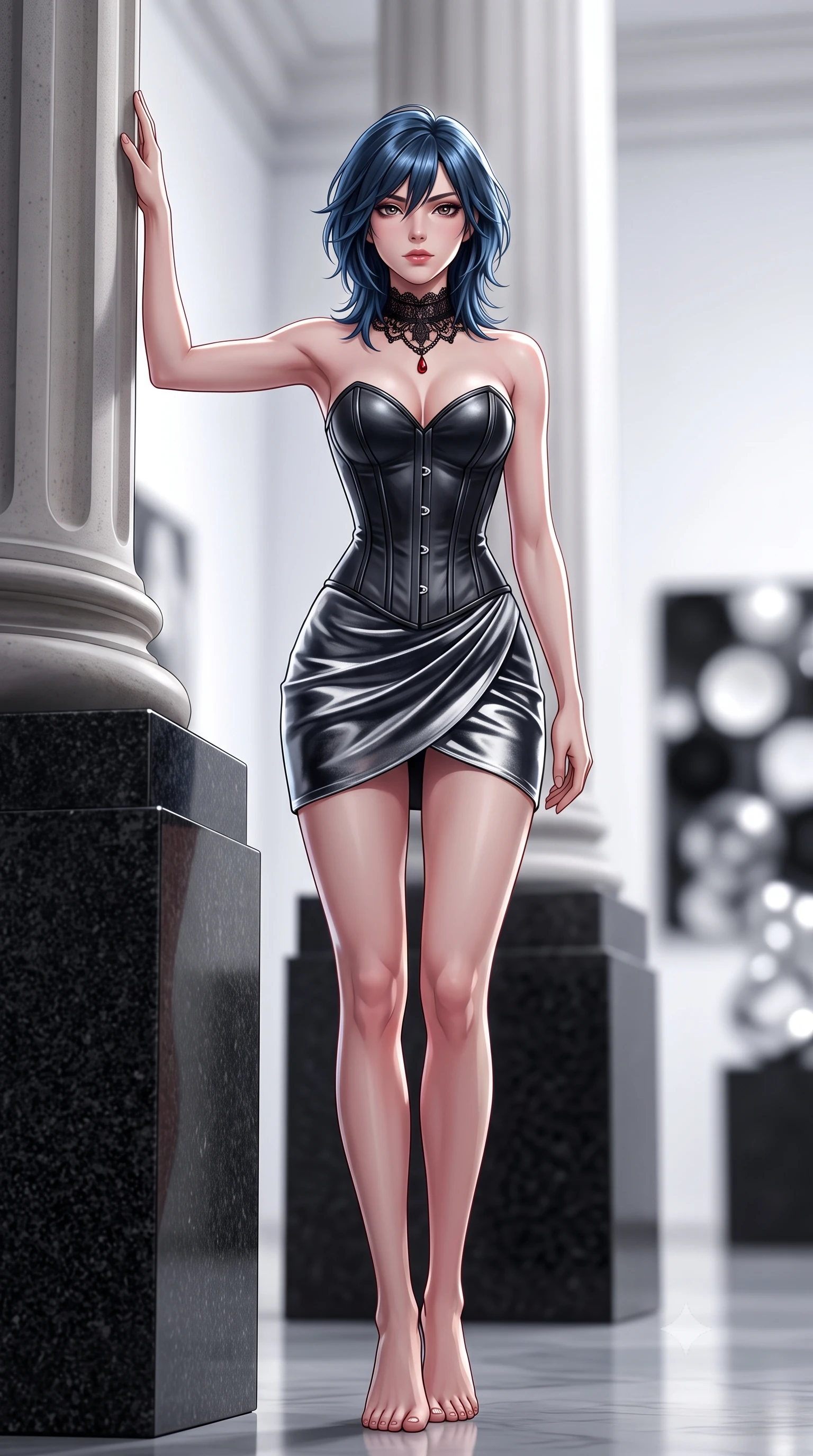 score_9, masterpiece, best quality, ultra-detailed, high-budget anime keyframe, semi-realistic 3D game render, editorial fashion photography, tasteful artistic composition, Caucasian woman. low angle full-body shot from head to toe showing her feet, filling the entire 9:16 vertical frame with her statuesque presence, stretching her vertical silhouette. standing tall beside the architectural column, one hand resting high while arching her lower back to emphasize her sculpted feminine hips and slender waist while standing tall between towering black granite pedestals, arching her back with sovereign minimalist fashion authority. The background shows a soft-focus towering white gallery walls, monumental black granite plinths, and distant avant-garde art installations blurred into matte black, optic white, and silver bokeh. She has an absolutely perfect, statuesque 8.5-heads proportion, an exceptionally tall and slender model-like female figure with impossibly long slender legs, an ultra-slim waist, a flat toned midriff, narrow delicate ribcage, and beautifully sculpted feminine hips creating a graceful, slim hourglass silhouette without any bulky heaviness. sharp v-shaped jawline, high-bridge nose, sparkling eyes with hypnotic seductive depth, thick curled eyelashes, glossy parted lips with a natural dewy peach sheen, alluring bedroom-eyes with an enchanting coquettish smile, exuding magnetic siren charisma and sophisticated glamour, flawlessly proportioned anatomical accuracy, strict slender model proportions, natural body alignment, perfectly sculpted long slender limbs, ultra-slim waistline, clean dynamic posture without body distortion. wearing a structured Victorian boned leatherette corset bodice paired with an ultra-short micro-wrap velvet mini skirt in molten liquid silver and midnight charcoal with platinum highlights, tailored from fine structural neoprene with crisp architectural edges and smooth contouring, accented with an ornate black lace Victorian choker featuring a single blood-red teardrop garnet, the form-contouring silhouette accentuating her sculpted flat midriff, narrow delicate ribcage, and gracefully curvy hips with intoxicating allure. illuminated by floor bounce fill and sharp high-contrast white rim lights sculpting her jawline, flat midriff, and voluptuous hip curves. highly saturated vibrant anime colors, detailed shading with soft gradients, rich glossy textures, high-contrast stereoscopic depth, volumetric dynamic lighting, master piece, 9:16 ratio