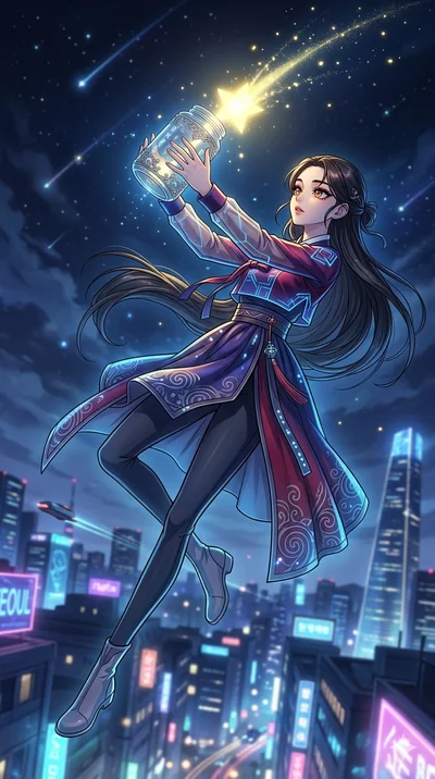 score_9, masterpiece, best quality, ultra-detailed, high-budget anime movie keyframe, cinematic anime lighting, intricate line art, Korean anime girl. Dynamic full-body shot stretching the vertical silhouette with extreme perspective. twisting in mid