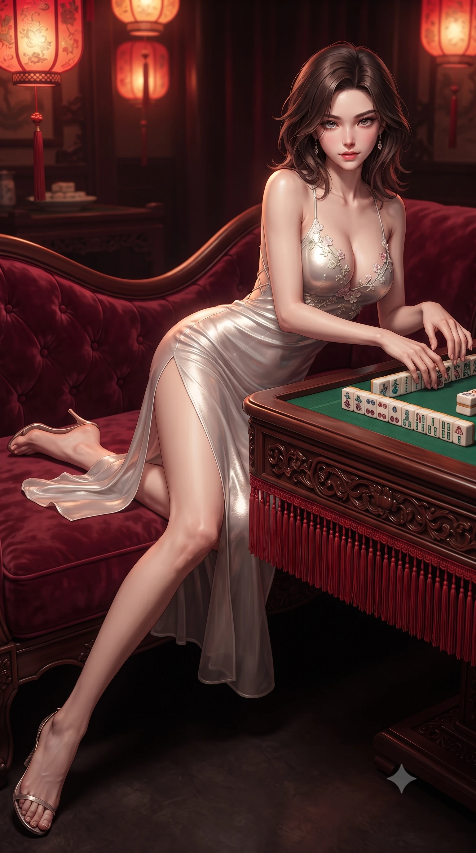 score_9, masterpiece, best quality, ultra-detailed, high-budget anime keyframe, editorial fashion photography, tasteful artistic composition, Korean woman. low angle full-body shot from head to toe showing her feet, filling the entire 9:16 vertical frame with her statuesque presence, stretching her vertical silhouette. reclining gracefully across the plush chaise lounge with one leg extended, her sculpted silhouette and flat midriff radiating magnetic nocturnal glamour while leaning forward over the green felt tabletop with hips cocked back, arranging carved ivory tiles with smoldering bedroom-eyes. The surrounding environment is rendered in vivid detail and crisp panoramic clarity: sharp carved bone-and-bamboo mahjong tile face markings, rosewood table carvings, and red silk tassel fringe in deep focus. She has an absolutely perfect, statuesque 8.5-heads proportion, an exceptionally tall and slender model-like female figure with impossibly long slender legs, an ultra-slim waist, a flat toned midriff, narrow delicate ribcage, and beautifully sculpted feminine hips creating a graceful, slim hourglass silhouette without any bulky heaviness. sharp v-shaped jawline, high-bridge nose, sparkling eyes with hypnotic seductive depth, thick curled eyelashes, glossy parted lips with a natural dewy peach sheen, alluring bedroom-eyes with an enchanting coquettish smile, exuding magnetic siren charisma and sophisticated glamour, flawlessly proportioned anatomical accuracy, strict slender model proportions, natural body alignment, perfectly sculpted long slender limbs, ultra-slim waistline, clean dynamic posture without body distortion. wearing a form-contouring metallic lamé slip dress clinging like a second skin with hip-high side slits and open criss-cross back in pure pearl alabaster with liquid platinum sheen, made of sheer gossamer chiffon that drapes softly against skin with airy translucence, finished with delicate floral vine embroidery tracing along her sweetheart neckline with intimate elegance, the second-skin tailored fabric adhering flawlessly to her sculpted flat midriff and slender torso, emphasizing her long leg lines and perfectly proportioned willowy build. bathed in warm moody crimson-and-amber illumination spilling from low-hanging silk lanterns. ultra-reflective glossy finish, specular highlights, rich textural contrasts, high-contrast stereoscopic depth, volumetric dynamic lighting, 2k, ultra detail, master piece, 9:16 ratio