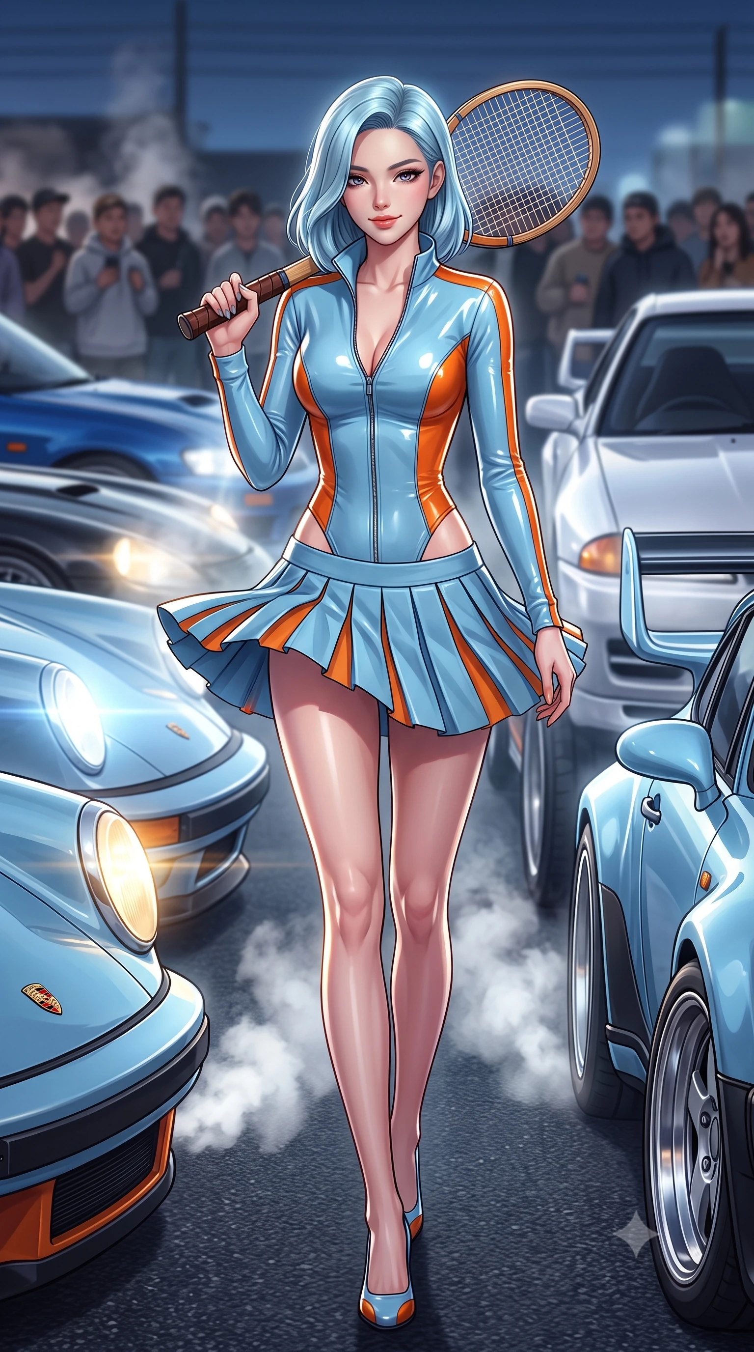 score_9, masterpiece, best quality, ultra-detailed, high-budget anime keyframe, semi-realistic 3D game render, editorial fashion photography, tasteful artistic composition, Korean woman. low angle full-body shot from head to toe showing her feet, filling the entire 9:16 vertical frame with her statuesque presence, stretching her vertical silhouette. executing an athletic pivot turn as her pleated tennis skirt flutters around her slender legs, glancing over her shoulder with an intoxicating, teasing bedroom-gaze while walking slowly down the row of roaring tuned engines with sovereign swagger, her long slender legs and hourglass curves commanding the car meet. The background shows a soft-focus steaming exhausts and crowds of car enthusiasts softened in iconic Japanese car-culture shallow focus. She has an absolutely perfect, statuesque 8.5-heads proportion, an exceptionally tall and slender model-like female figure with impossibly long slender legs, an ultra-slim waist, a flat toned midriff, narrow delicate ribcage, and beautifully sculpted feminine hips creating a graceful, slim hourglass silhouette without any bulky heaviness. sharp v-shaped jawline, high-bridge nose, sparkling eyes with athletic focus and depth, thick curled eyelashes, glossy parted lips with a natural coral-peach sheen, bright confident and coquettish smile with alluring bedroom-eyes, exuding both youthful sporty vigor and sovereign high-society glamour, flawlessly proportioned anatomical accuracy, strict slender model proportions, natural body alignment, perfectly sculpted long slender limbs, ultra-slim waistline, clean dynamic posture without body distortion. wearing a modern paddock jumpsuit with zip-down front collar and high-cut leg openings in sleek stretch jersey in vintage Porsche Gulf blue and vibrant race orange, made of high-gloss reflective patent leather with mirror-like specular highlights, featuring a vintage wooden tennis racket held casually over one shoulder, the high-waisted wrap tailoring accentuating her ultra-slim waistline and the enchanting curve of her feminine hips with alluring sporty charm. illuminated by high-beam headlight flares and sharp chrome rim lights sculpting her razor-sharp jawline, narrow waist, and curvy hips. highly saturated vibrant anime colors, detailed shading with soft gradients, rich glossy textures, high-contrast stereoscopic depth, volumetric dynamic lighting, master piece, 9:16 ratio