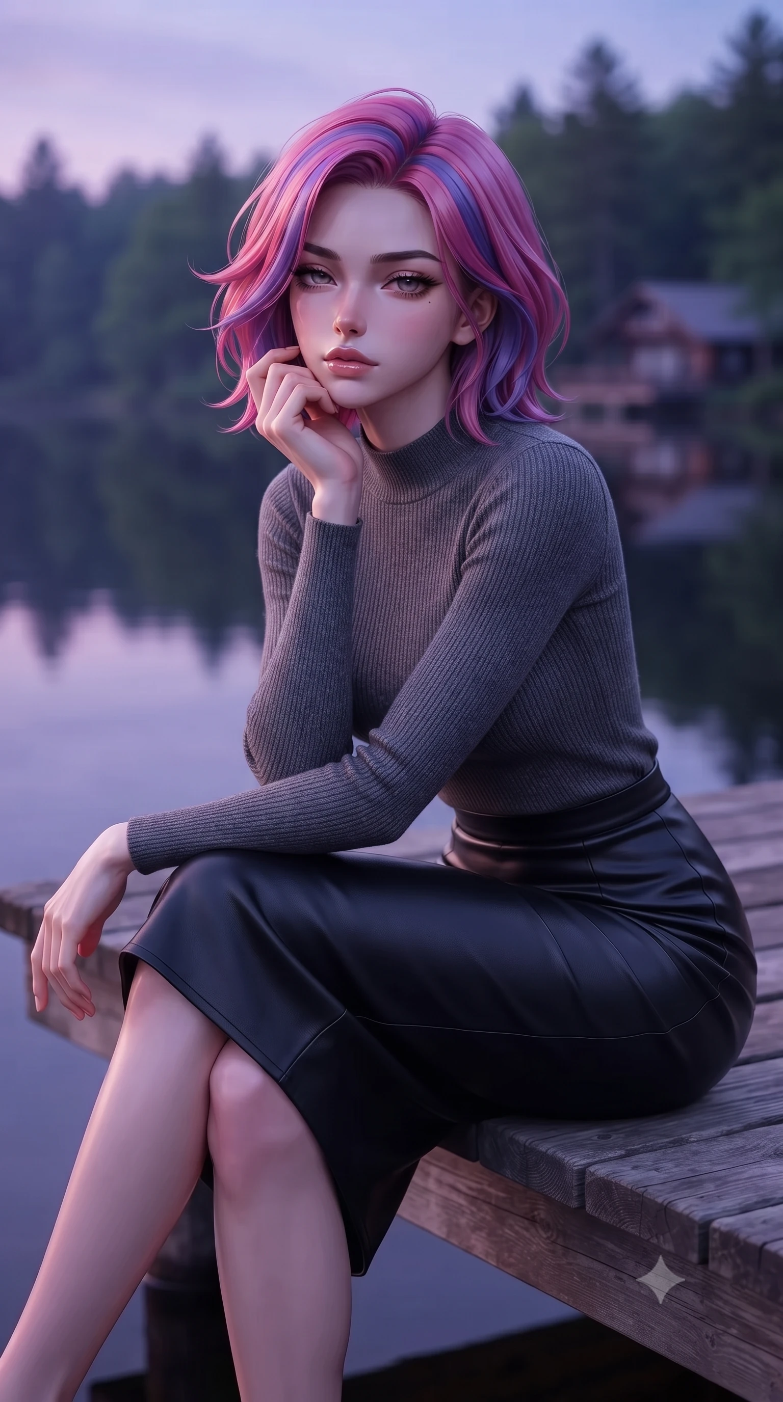 score_9, masterpiece, best quality, ultra-detailed, high-budget anime keyframe, editorial fashion photography, tasteful artistic composition, Caucasian woman. close-up cowboy shot from the waist and thighs up, the character dominates the composition, filling the frame with her large presence, background elements kept in soft focus. resting her chin on the backs of her fingers, casting a heavy-lidded, sultry look past the camera the background shows a soft-focus a private lakehouse wooden pier extending over a calm forest lake at dusk. She has an exceptionally elegant, slender, and willowy female figure with an ultra-slim waist, a gracefully sculpted slender torso, and a refined silhouette. sharp v-shaped jawline, high-bridge nose, intricate jewel-like eyes with depth, thick eyelashes, glossy lips with a natural sheen. wearing a tailored body-hugging knit top in charcoal grey, paired with a tight-fitting leather midi skirt. serene purple and blue hues of twilight reflecting on still water. highly saturated vibrant anime colors, detailed shading with soft gradients, rich glossy textures, high-contrast stereoscopic depth, volumetric dynamic lighting, master piece, 9:16 ratio