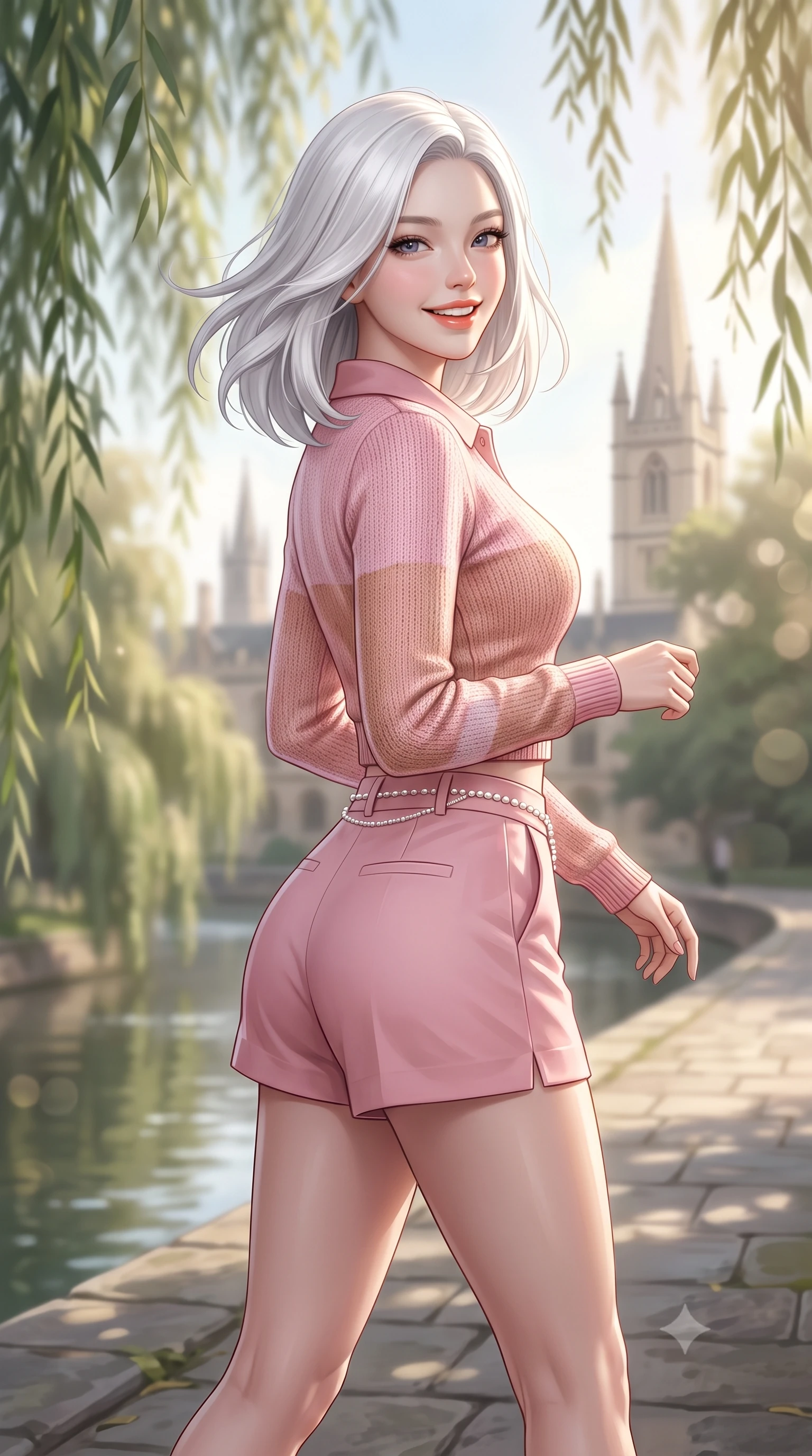 score_9, masterpiece, best quality, ultra-detailed, high-budget anime keyframe, semi-realistic 3D game render, editorial fashion photography, tasteful artistic composition, Korean woman. close-up cowboy shot from the waist and thighs up, the character dominates the composition, filling the frame with her large presence. turning playfully with a bright confident smile, her glossy hair tossing in the breeze as her hips angle gracefully in a captivating contrapposto while walking gracefully down the stone collegiate path, her tailored chic outfit highlighting her narrow waist and feminine hips in the English sun. The composition keeps background elements in soft focus with dreamy creamy bokeh. weeping willows trailing in reflective river waters and gothic college spires blurred into soft emerald, champagne, and slate bokeh. She has an exceptionally elegant, slender, and willowy female figure with an ultra-slim waist, flat toned midriff, narrow ribcage, and sculpted feminine hips creating an alluring, slim hourglass silhouette without bulk. sharp v-shaped jawline, high-bridge nose, intricate jewel-like sparkling eyes with depth, thick eyelashes, glossy parted lips with a natural peach sheen, bright cheerful beaming smile with an enchanting and coquettish sensual glint, exuding both youthful cute charm and seductive allure, flawlessly proportioned anatomical accuracy, strict slender model proportions, natural body alignment, perfectly sculpted long slender limbs, ultra-slim waistline, clean dynamic posture without body distortion. wearing a cropped knitted polo sweater paired with high-cut tailored tennis shorts hugging her rounded hips in cherry blossom pink and soft rose gold, tailored from crisp cotton poplin with clean structural lines, accented with a dainty pearl waist chain catching the ambient sunlight, the glove-like silhouette tightly following the natural contour of her hips and long slender legs with youthful 8.5-heads elegance. bathed in gentle, luminous English afternoon sunlight filtering through willow branches. highly saturated vibrant anime colors, detailed shading with soft gradients, rich glossy textures, high-contrast stereoscopic depth, volumetric dynamic lighting, master piece, 9:16 ratio