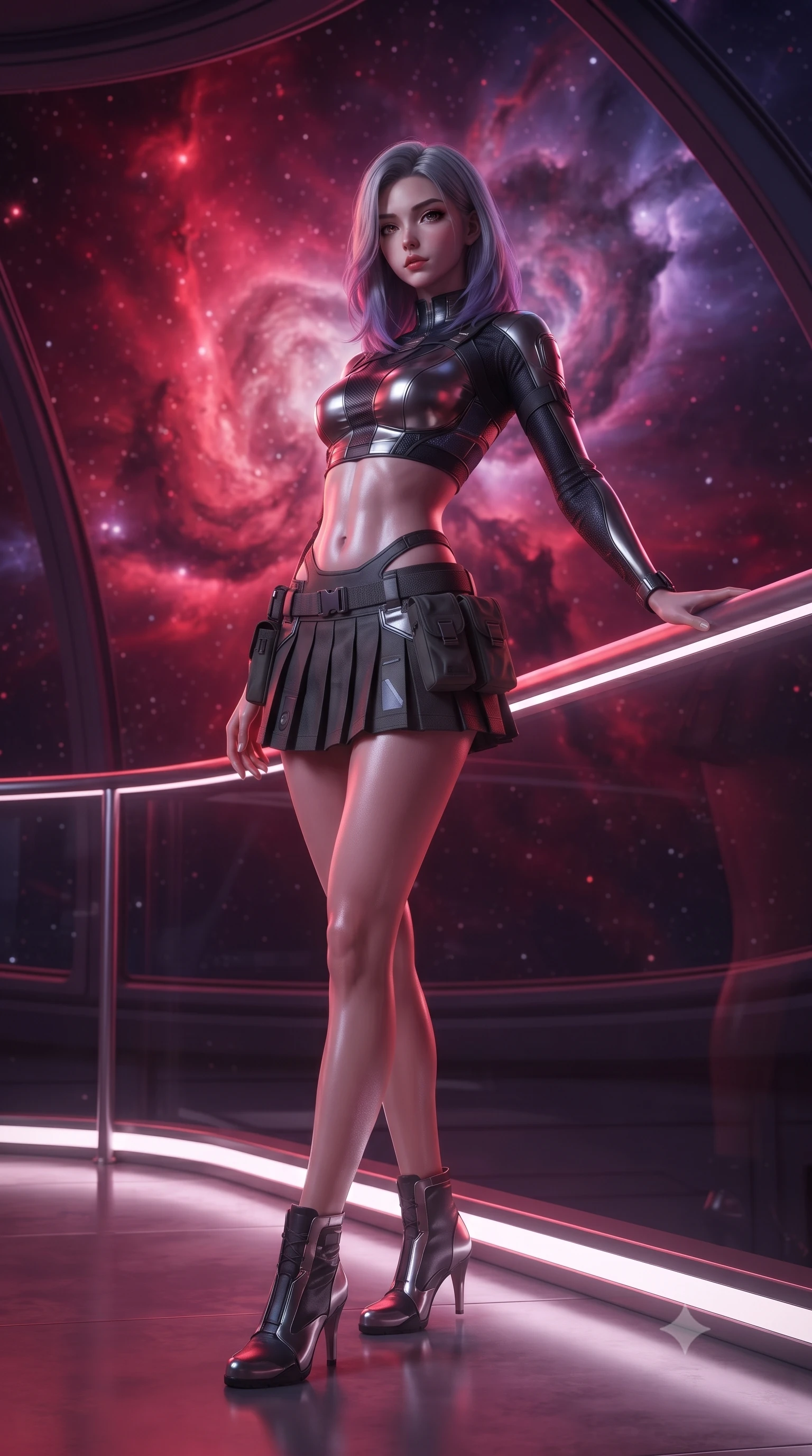 score_9, masterpiece, best quality, ultra-detailed, high-budget anime keyframe, editorial fashion photography, tasteful artistic composition, Caucasian woman. low angle full-body shot from head to toe showing her feet, filling the entire 9:16 vertical frame with her statuesque presence, stretching her vertical silhouette. standing in a tall, confident posture with one hand on a glowing metal railing, stretching her statuesque body, the background shows a soft-focus a space cruiser dome balcony looking at a massive crimson cosmic nebula. She has an absolutely perfect, statuesque 8.5-heads proportion, an exceptionally tall and slender model-like female figure with impossibly long slender legs and an ultra-slim waist. sharp v-shaped jawline, high-bridge nose, intricate jewel-like eyes with depth, thick eyelashes, glossy lips with a natural sheen. wearing a body-hugging modern carbon-alloy crop top paired with a low-rise tactical skirt and a subtle waist cut-out. deep crimson and violet nebula gas light painting the room in a cosmic wash. ultra-reflective glossy finish, specular highlights, metallic sheen, high-contrast stereoscopic depth, volumetric dynamic lighting, 2k, ultra detail, master piece, 9:16 ratio