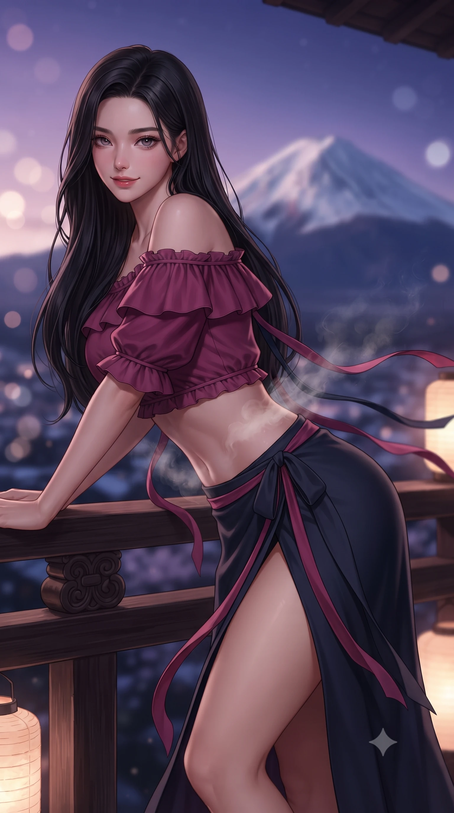 score_9, masterpiece, best quality, ultra-detailed, high-budget anime keyframe, editorial fashion photography, tasteful artistic composition, Korean woman. close-up cowboy shot from the waist and thighs up, the character dominates the composition, filling the frame with her large presence. leaning forward over the carved veranda balustrade while arching her lower back to accentuate her curvy hips, looking into the camera with an enchanting coquettish smile and bedroom-eyes while twisting her slender torso in an alluring contrapposto stance, rising mineral steam curling around her flat midriff and rounded feminine hips. The background shows a soft-focus the iconic symmetrical snow cone of Mount Fuji and twilight purple alpine sky blurred into indigo, rose-gold, and frosty white bokeh. She has an exceptionally elegant, slender, and willowy female figure with an ultra-slim waist, flat toned midriff, narrow ribcage, and sculpted feminine hips creating an alluring, slim hourglass silhouette without bulk. sharp v-shaped jawline, high-bridge nose, intricate jewel-like dark sparkling almond eyes with depth, thick lashes, glossy parted lips with a natural rose-plum sheen, bright alluring and coquettish smile with bedroom-eyes, exuding both timeless oriental elegance and sovereign high-fashion allure, flawlessly proportioned anatomical accuracy, strict slender model proportions, natural body alignment, perfectly sculpted long slender limbs, ultra-slim waistline, clean dynamic posture without body distortion. wearing a modern two-piece fusion set with an off-shoulder crop blouse and high-slit wrap skirt tracing her curvaceous hips in deep lotus magenta and matte midnight navy, tailored from fine crisp cotton-linen with clean structural lines, accented with flowing gossamer silk ribbons that flutter dynamically in the evening breeze, the precision-cut side hip slits and low-back scoop framing her graceful spine and the sensual sweep of her slim, toned hips. bathed in soft alpine twilight and warm glowing paper lantern light. ultra-reflective glossy finish, specular highlights, rich textural contrasts, high-contrast stereoscopic depth, volumetric dynamic lighting, 2k, ultra detail, master piece, 9:16 ratio
