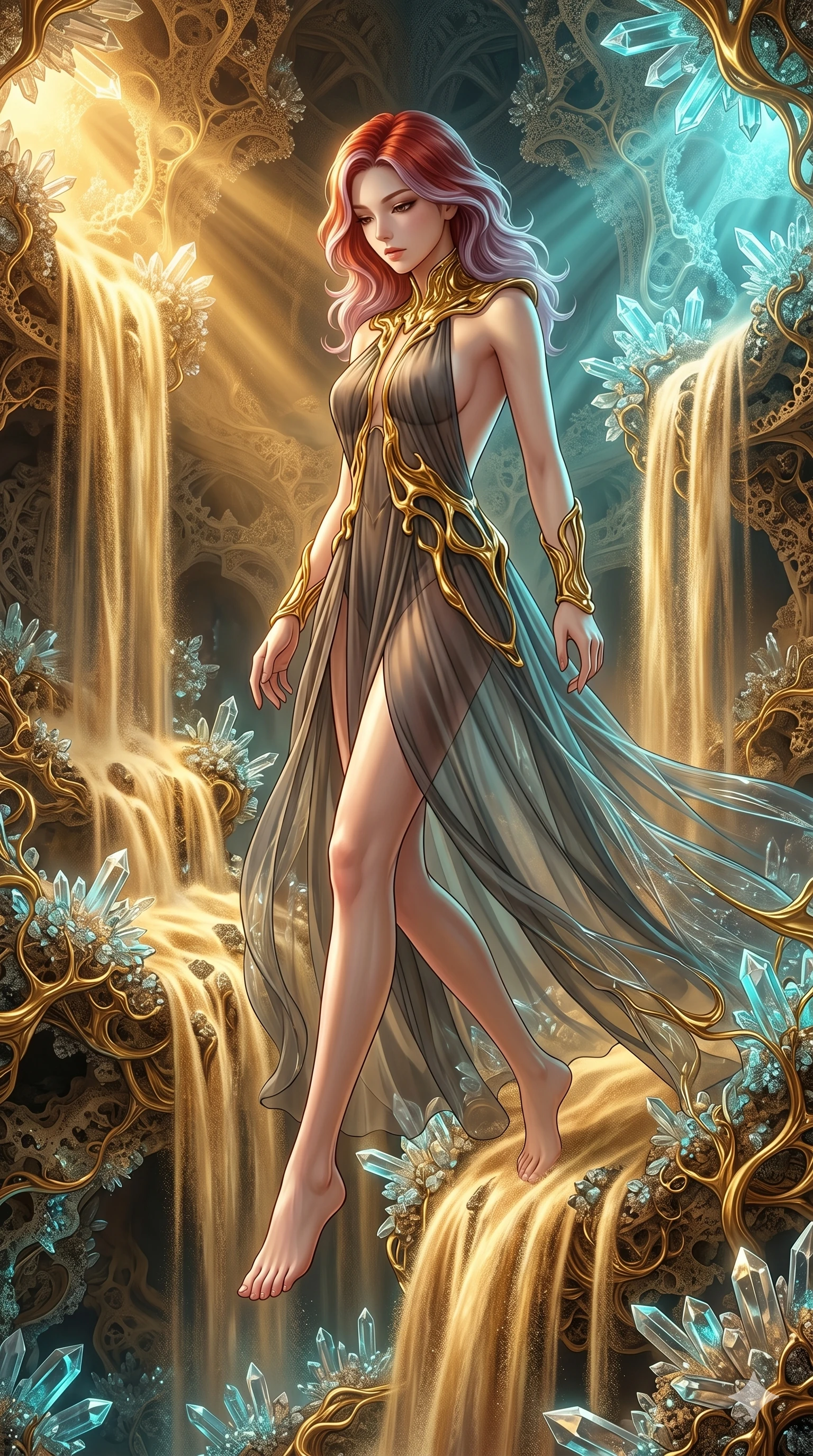 score_9, masterpiece, best quality, ultra-detailed, high-budget anime keyframe, Japanese woman. low angle full-body shot filling the entire 9:16 frame with her statuesque presence, stretching the vertical silhouette. descending through a fractal quicksand temple where golden sand waterfalls transform into glass crystals, artistic intricate repeating patterns. She has an absolutely perfect 8-heads proportion, an exceptionally tall and slender female figure with impossibly long slender legs and an ultra-slim waist. V-shaped jawline, high-bridge nose, intricate jewel-like eyes with depth, thick eyelashes, glossy lips with a natural sheen.. wearing a molten gold and chiffon gown, featuring organic liquid gold collar and cuffs on a translucent charcoal-gray halter neck chiffon gown with a deep backless design. showcasing a beautiful play of light and shadow, with warm golden rays clashing against cool cyan highlights. 2k, ultra detail, master piece, 9:16 ratio
