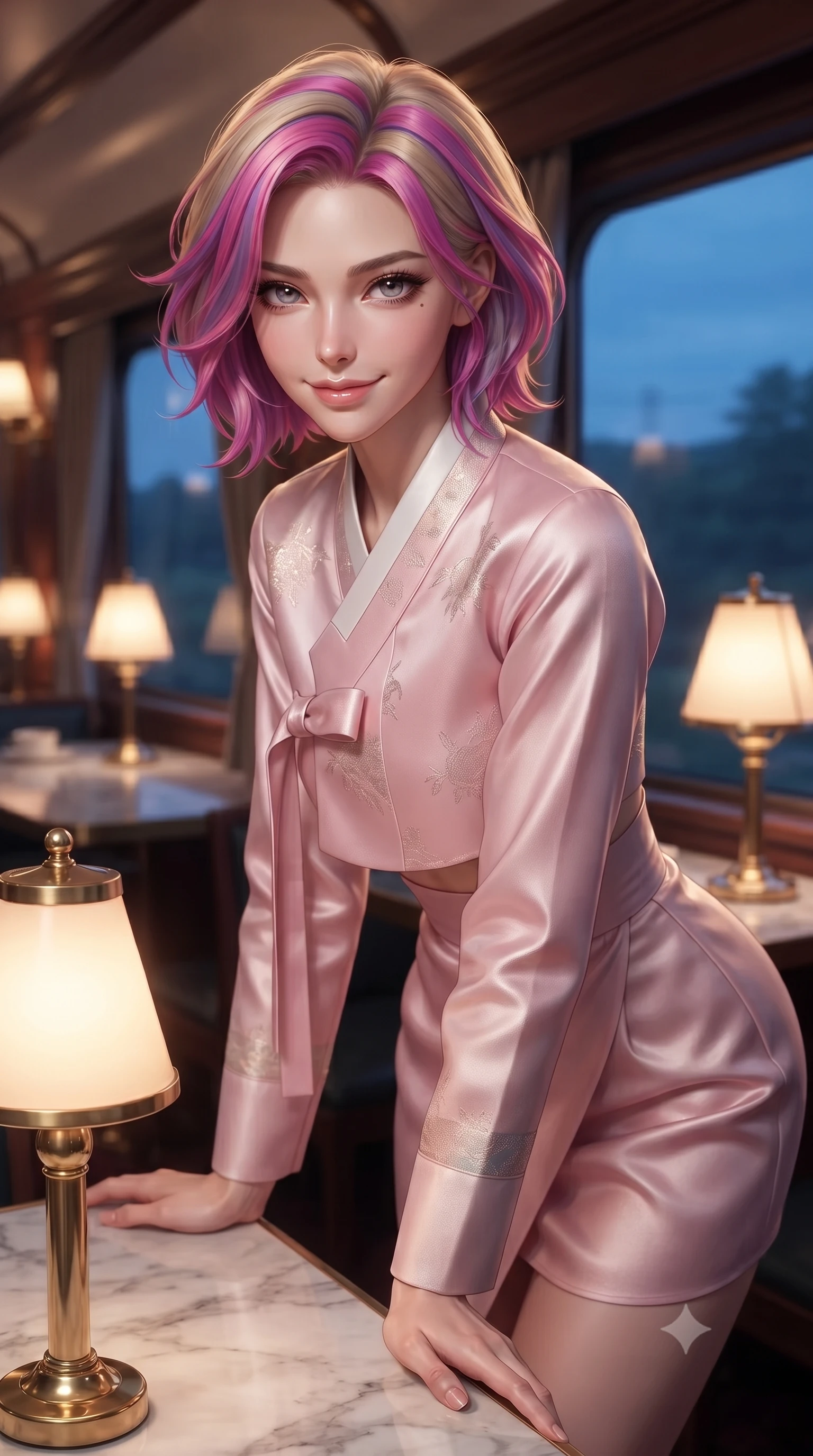 score_9, masterpiece, best quality, ultra-detailed, high-budget anime keyframe, editorial fashion photography, tasteful artistic composition, Caucasian woman. close-up cowboy shot from the waist and thighs up, the character dominates the composition, filling the frame with her large presence, background elements kept in soft focus. leaning slightly forward with a playful, teasing smile, her gaze locked onto the viewer the background shows a soft-focus the dining car of a retro-luxury train with marble tables and brass lamps. She has an exceptionally elegant, slender, and willowy female figure with an ultra-slim waist, a gracefully sculpted slender torso, and a refined silhouette. sharp v-shaped jawline, high-bridge nose, intricate jewel-like eyes with depth, thick eyelashes, glossy lips with a natural sheen. wearing a slim-fit modern fusion hanbok jeogori in light pink silk, paired with a high-waisted wrap skirt. warm glowing table lamps contrasting with the cool blue dusk landscape outside. ultra-reflective glossy finish, specular highlights, metallic sheen, high-contrast stereoscopic depth, volumetric dynamic lighting, 2k, ultra detail, master piece, 9:16 ratio