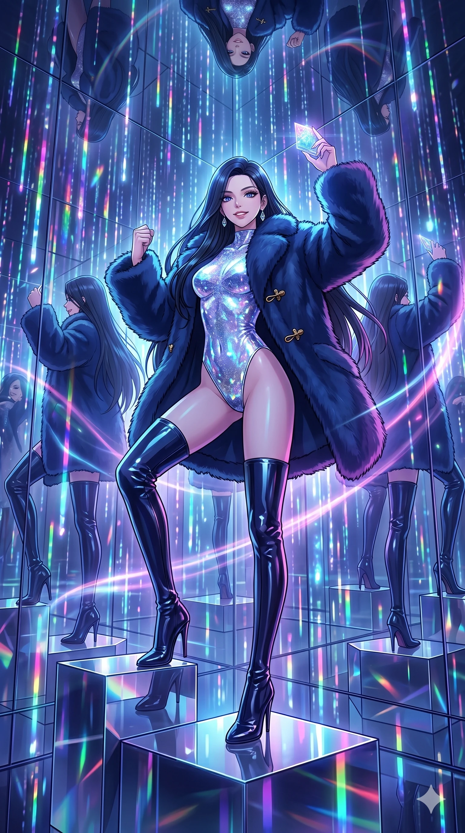 score_9, masterpiece, best quality, ultra-detailed, high-budget anime movie keyframe, cinematic anime lighting, intricate line art, Japanese woman. Dynamic full-body shot stretching the vertical silhouette across the 9:16 frame. standing victoriously in a infinite mirror maze with holographic rain. She has an absolutely perfect 8-heads proportion, an exceptionally tall and slender female figure with an ultra-slim waist and impossibly long slender legs. sharp v-shaped jawline, high-bridge nose, intricate jewel-like eyes, thick eyelashes, glossy lips. Wearing seasonal winter-couture featuring a plush oversized faux-fur coat worn over a skin-tight crystalline leotard and thigh-high stiletto boots. The scene is illuminated by dramatic atmospheric lighting and vibrant color palettes. , 2k, ultra detail, master piece, 9:16 ratio