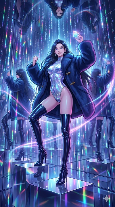 score_9, masterpiece, best quality, ultra-detailed, high-budget anime movie keyframe, cinematic anime lighting, intricate line art, Japanese woman. Dynamic full-body shot stretching the vertical silhouette across the 9:16 frame. standing victoriously