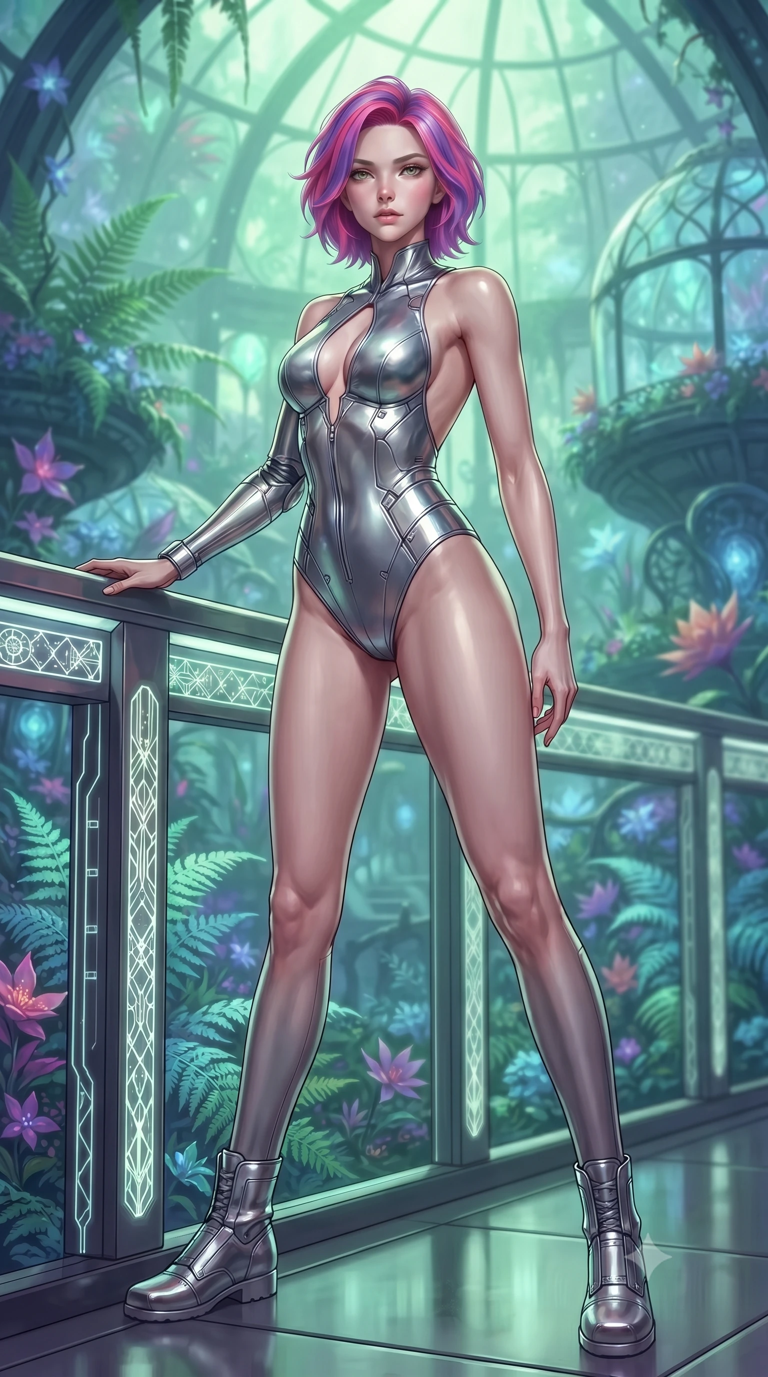 score_9, masterpiece, best quality, ultra-detailed, high-budget anime keyframe, editorial fashion photography, tasteful artistic composition, Caucasian woman. low angle full-body shot from head to toe showing her feet, filling the entire 9:16 vertical frame with her statuesque presence, stretching her vertical silhouette. standing in a tall, confident posture with one hand on a glowing metal railing, stretching her statuesque body, the background shows a soft-focus a citadel garden dome filled with bio-engineered ferns and flowers. She has an absolutely perfect, statuesque 8.5-heads proportion, an exceptionally tall and slender model-like female figure with impossibly long slender legs and an ultra-slim waist. sharp v-shaped jawline, high-bridge nose, intricate jewel-like eyes with depth, thick eyelashes, glossy lips with a natural sheen. wearing a tailored backless combat bodysuit in metallic silver, featuring a plunging keyhole cutout and low-cut back. soft green and indigo bioluminescent plant lighting casting a serene wash. ultra-reflective glossy finish, specular highlights, metallic sheen, high-contrast stereoscopic depth, volumetric dynamic lighting, 2k, ultra detail, master piece, 9:16 ratio