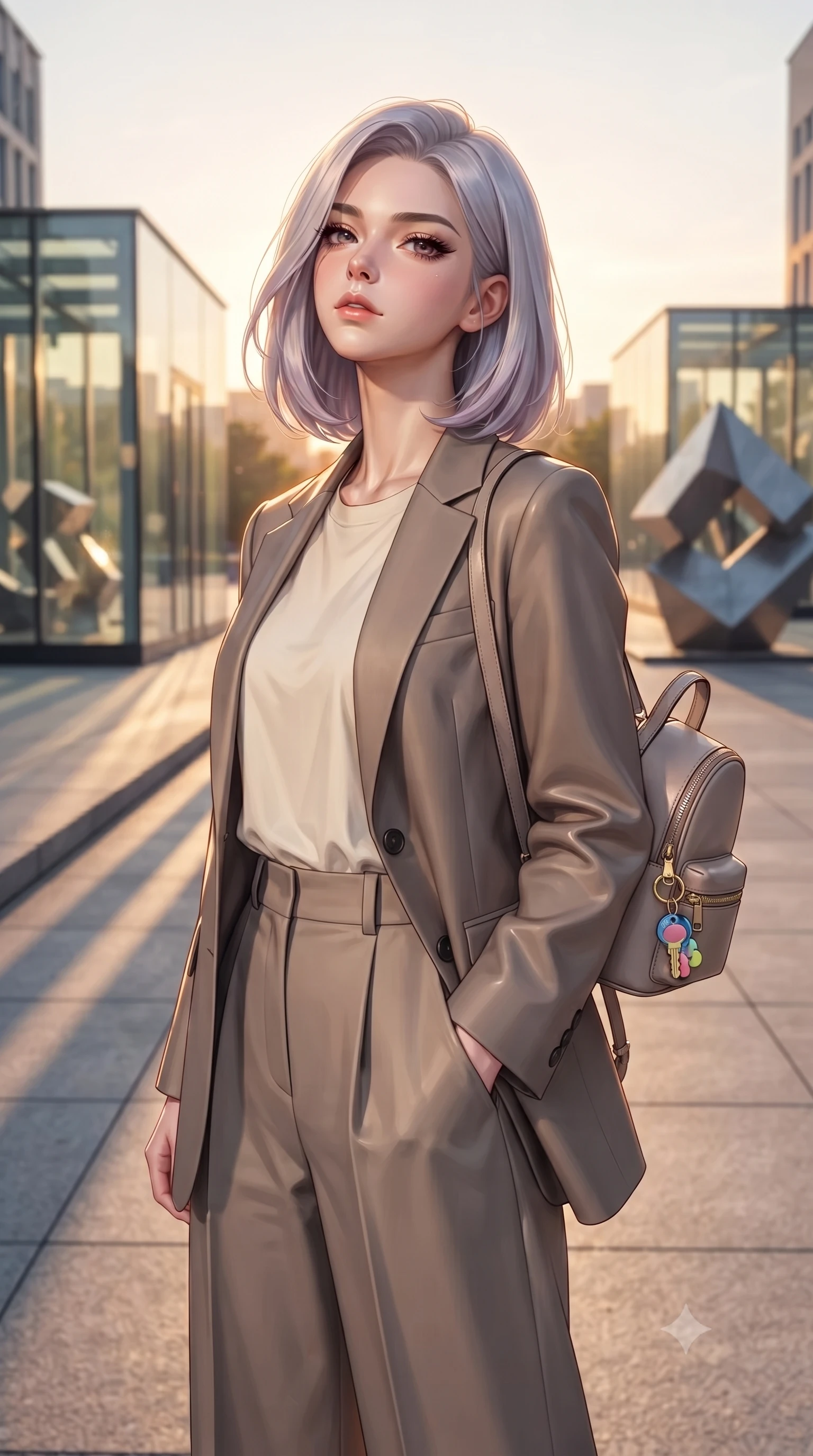score_9, masterpiece, best quality, ultra-detailed, high-budget anime keyframe, editorial fashion photography, tasteful artistic composition, Caucasian woman. close-up cowboy shot from the waist and thighs up, the character dominates the composition, filling the frame with her large presence, background elements kept in soft focus. tilting her chin up with a composed yet magnetic gaze under long dark eyelashes set against a soft-focus background of in a vibrant fashion square with modern sculptures and glass pavilions holding a cute key ring attached to her small backpack. She has an exceptionally elegant, slender, and willowy female figure with an ultra-slim waist, a gracefully sculpted slender torso, and a refined silhouette. sharp v-shaped jawline, high-bridge nose, intricate jewel-like eyes with depth, thick eyelashes, glossy lips with a natural sheen. wearing body-hugging tailored casual blazer in taupe, paired with a loose tee and wide-leg trousers. golden hour sunset light casting long shadow lines on the concrete pavement. ultra-reflective glossy finish, specular highlights, metallic sheen, high-contrast stereoscopic depth, volumetric dynamic lighting, 2k, ultra detail, master piece, 9:16 ratio