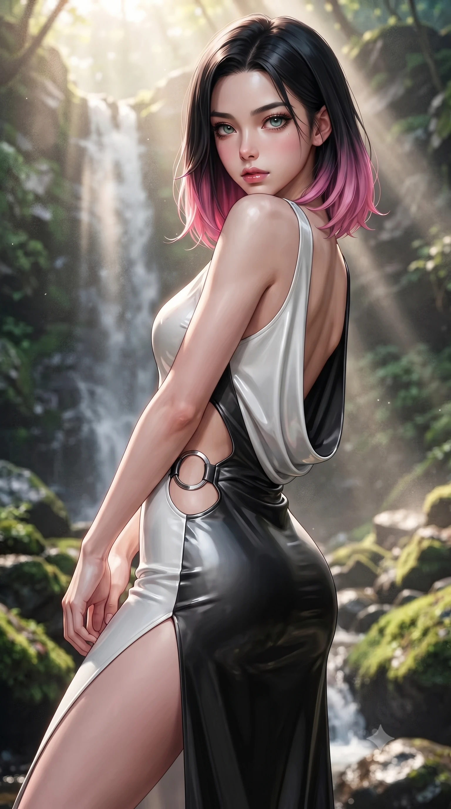 score_9, masterpiece, best quality, ultra-detailed, high-budget anime keyframe, editorial fashion photography, tasteful artistic composition, Korean woman. close-up cowboy shot from the waist and thighs up, the character dominates the composition, filling the frame with her large presence. gazing directly into the lens with bedroom eyes and a breathtaking, dangerous allure that commands the entire composition while arching her back in a fluid motion as warm morning sunlight scatters through fine waterfall mist. The surrounding environment is rendered in vivid detail and crisp panoramic clarity. vibrant natural colors and deep environmental chiaroscuro captured with precision. She has an exceptionally elegant, slender, and willowy female figure with an ultra-slim waist, a gracefully sculpted slender torso, toned flat midriff, and a refined slim silhouette. sharp v-shaped jawline, high-bridge nose, intricate jewel-like eyes with depth, thick eyelashes, glossy lips with a natural sheen, flawlessly proportioned anatomical accuracy, strict slender model proportions, natural body alignment, perfectly sculpted long slender limbs, ultra-slim waistline, clean dynamic posture without body distortion. wearing a precision-fitted liquid jersey bodycon dress with a dramatic draped cowl back that swoops down to her waist and a high side slit in high-gloss monochrome white and sharp black contrast, formed from high-gloss patent material with specular light reflections, detailed with polished silver rings connecting the daring side-waist cutouts, the sleek second-skin cut tightly hugging her graceful clavicle, narrow waist, and feminine curves with athletic precision. surrounded by a pristine, refreshing, and intensely seductive natural sanctuary atmosphere. ultra-reflective glossy finish, specular highlights, metallic sheen, high-contrast stereoscopic depth, volumetric dynamic lighting, 2k, ultra detail, master piece, 9:16 ratio