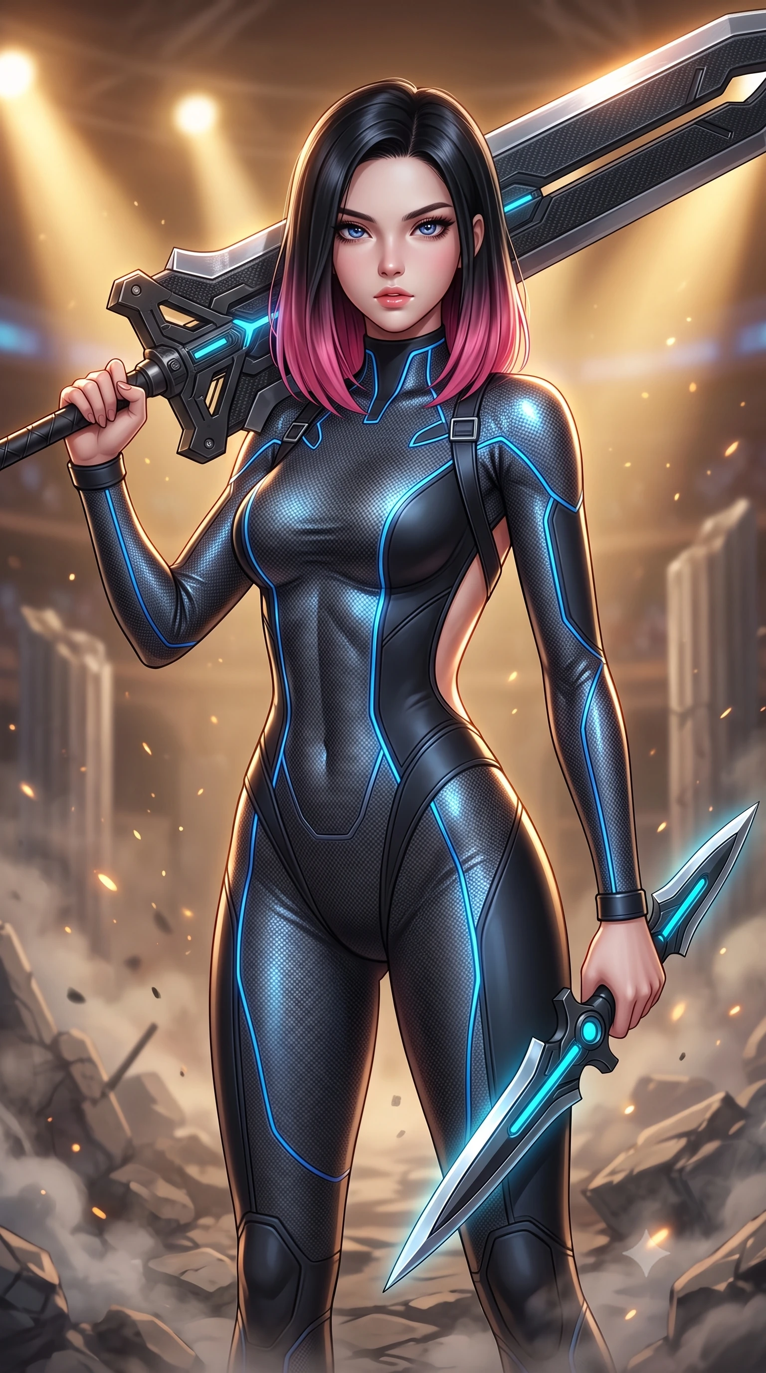 score_9, masterpiece, best quality, ultra-detailed, high-budget anime keyframe, semi-realistic 3D game render, editorial fashion photography, tasteful artistic composition, Korean woman. close-up cowboy shot from the waist and thighs up, the character dominates the composition, filling the frame with her large presence. looking into the camera lens with intense, captivating depth, softly parted glossy lips and thick eyelashes framing her fierce battle-ready gaze while standing victorious on the shattered rubble of a cybernetic colosseum arena with a massive carbon greatsword resting on her shoulder. The composition keeps background elements in soft focus with creamy bokeh. shattered arena pillars and rising dust motes softened in dramatic shallow depth of field. She has an exceptionally elegant, slender, and willowy female figure with an ultra-slim waist, a gracefully sculpted slender torso, toned flat midriff, and a refined slim silhouette. sharp v-shaped jawline, high-bridge nose, intricate jewel-like eyes with depth, thick eyelashes, glossy lips with a natural sheen, flawlessly proportioned anatomical accuracy, strict slender model proportions, natural body alignment, perfectly sculpted long slender limbs, ultra-slim waistline, clean dynamic posture without body distortion. wearing an aerodynamic dark titanium carbon-mesh jumper with glowing blue fiber lines, holding twin chrome vibro-daggers with deadly supermodel poise in matte obsidian carbon black with electric cyan conduits, made of liquid carbon-jersey fabric adhering flawlessly to her sculpted silhouette, complemented by criss-cross back harness straps highlighting her completely bare spine, the form-contouring material adhering flawlessly to her sculpted flat midriff and slender torso, emphasizing her long leg lines and perfectly proportioned willowy build. bathed in warm golden arena searchlights and glowing greatsword energy channel radiance. rich saturated anime colors with glowing neon highlights, detailed shading with soft gradients, rich glossy textures, high-contrast stereoscopic depth, volumetric dynamic lighting, master piece, 9:16 ratio