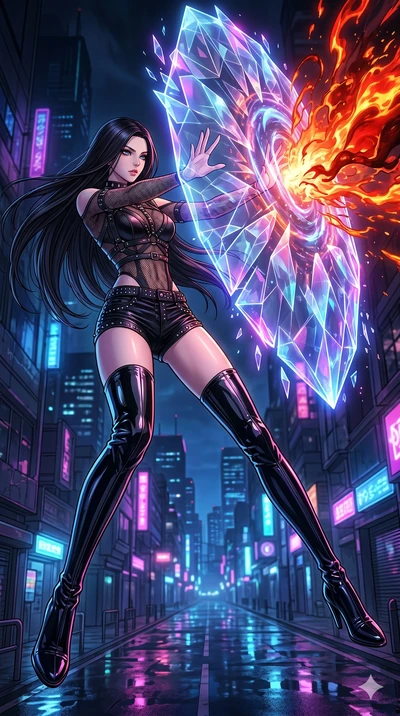 score_9, masterpiece, best quality, ultra-detailed, high-budget anime movie keyframe, cinematic anime lighting, intricate line art, Korean woman. Dynamic full-body shot stretching the vertical silhouette with extreme perspective. weaving a shield of 