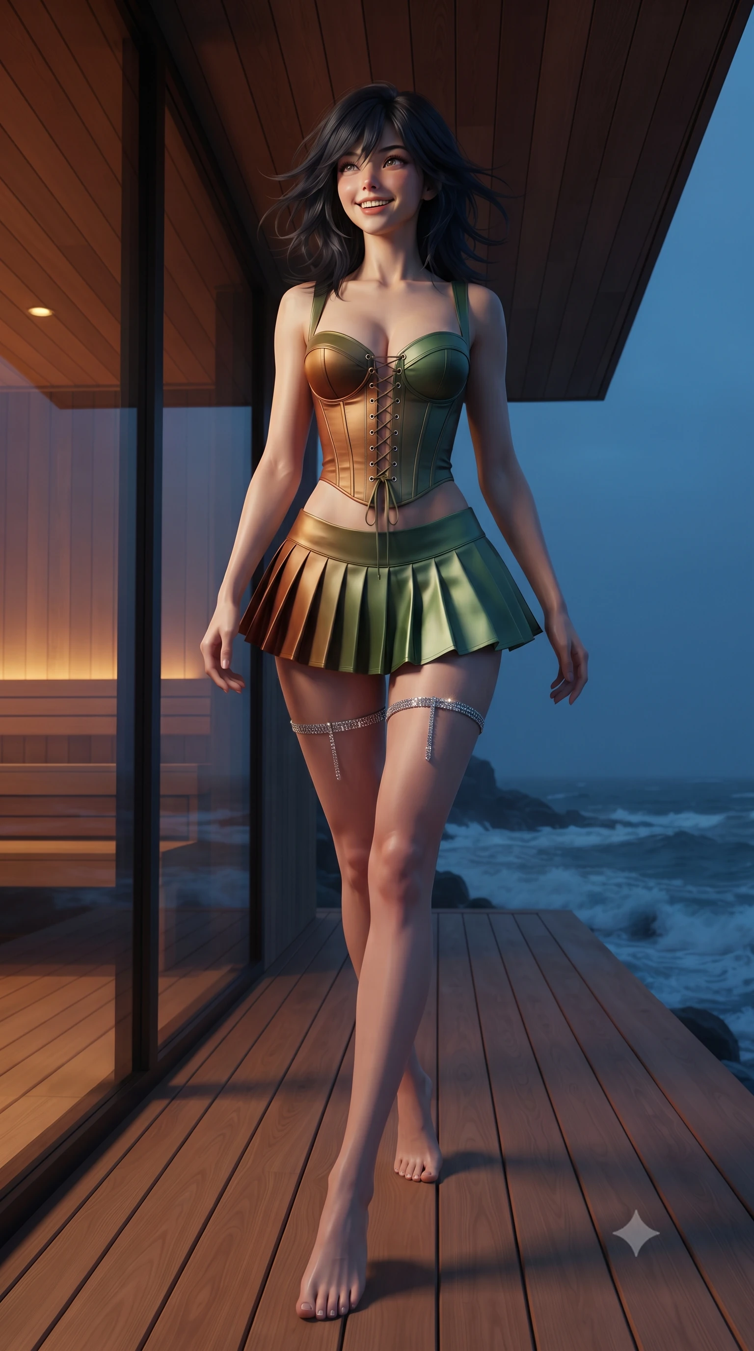 score_9, masterpiece, best quality, ultra-detailed, high-budget anime keyframe, editorial fashion photography, tasteful artistic composition, Caucasian woman. low angle full-body shot from head to toe showing her feet, filling the entire 9:16 vertical frame with her statuesque presence, stretching her vertical silhouette. stepping forward in a confident stride, her long slender legs and curvaceous hips creating a dynamic, sweeping vertical line while standing poised on the aromatic red cedar deck cantilevered over the foaming Arctic ocean, arching her spine with wet-look siren charisma as sea breezes toss her hair. The surrounding environment is rendered in vivid detail and crisp panoramic clarity: detailed garment cut, wet cling or tailored fit, and minimalist Scandinavian craft in high resolution. She has an exceptionally tall and slender model-like 8.5-heads proportion, an ultra-slim waist, a flat toned midriff, narrow delicate ribcage, and beautifully sculpted feminine hips creating a graceful, slim hourglass silhouette without any bulky heaviness, with impossibly long slender legs. sharp v-shaped jawline, high-bridge nose, intricate jewel-like sparkling eyes with depth, thick eyelashes, glossy parted lips with a natural peach sheen, bright cheerful beaming smile with an enchanting and coquettish sensual glint, exuding both youthful cute charm and seductive allure, flawlessly proportioned anatomical accuracy, strict slender model proportions, natural body alignment, perfectly sculpted long slender limbs, ultra-slim waistline, clean dynamic posture without body distortion. wearing a structured Seville boned lace-up bustier top paired with an ultra-short low-rise pleated micro mini skirt in Japanese hinoki cedar honey and Kyoto matcha jade, crafted from fluid liquid silk satin that clings smoothly to her narrow waist and rounded hips with a dewy sheen, finished with delicate crystal-encrusted thigh garter straps glinting in the dim light, the impeccably tailored cut draping gracefully along her slender figure with aristocratic poise. bathed in warm 2200K interior sauna amber glows spilling through glass mixed with cool Arctic twilight. ultra-reflective glossy finish, specular highlights, rich textural contrasts, high-contrast stereoscopic depth, volumetric dynamic lighting, 2k, ultra detail, master piece, 9:16 ratio
