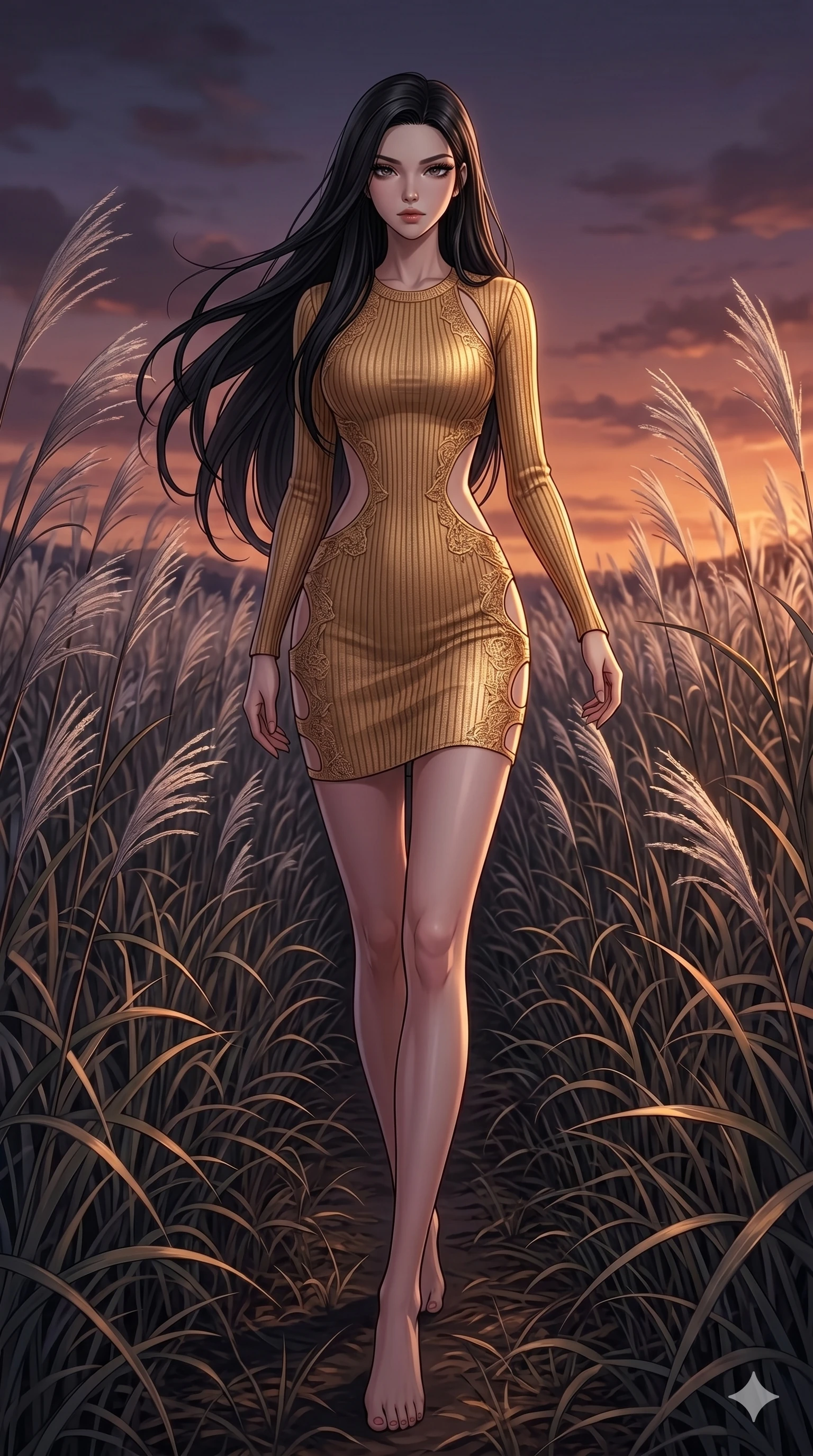 score_9, masterpiece, best quality, ultra-detailed, High-budget Anime Keyframe, East Asian woman. Dynamic full-body shot stretching the vertical silhouette to the limit. Scenario 98: Walking through a field of tall silver grass at twilight. Her presence is magnetic and overpowering in this high-budget anime scene. Outfit 98: A ribbed bodycon knit gold with a strategic side cut-outs and delicate lace embroidery. The clothing is designed to emphasize her exceptionally tall and slender 8-heads proportion. 8-heads proportion, towering silhouette, ultra-slim waist. sharp v-shaped jawline, intricate jewel-like eyes with depth, thick eyelashes, glossy lips. 2k, ultra detail, master piece, 9:16 ratio