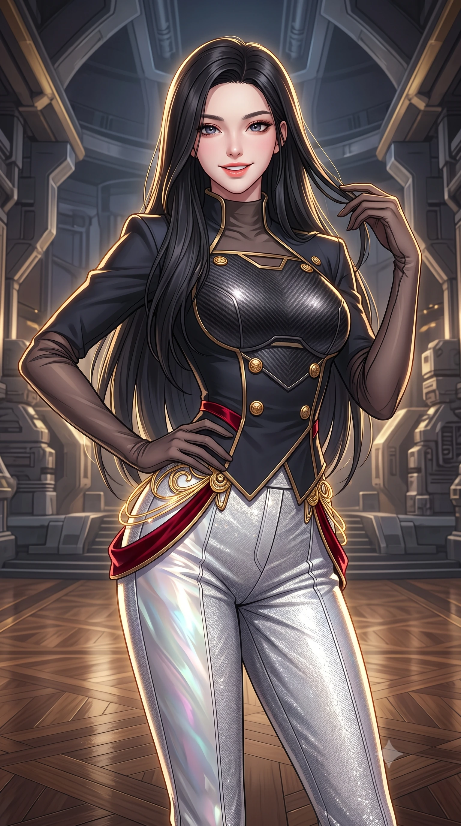 score_9, masterpiece, best quality, ultra-detailed, high-budget anime keyframe, semi-realistic 3D game render, editorial fashion photography, tasteful artistic composition, Korean woman. close-up cowboy shot from the waist and thighs up, the character dominates the composition, filling the frame with her large presence. twisting her slender torso in an alluring contrapposto stance, one hand resting on her sculpted hip while her fingers toy with her hair with effortless poise while twisting her slender torso in an alluring contrapposto stance, fiber-optic gold filigree and crimson velvet light wrapping around her narrow waist and curvy hips. The surrounding environment is rendered in vivid detail and crisp panoramic clarity: detailed anime keyframe lines, rich fabric textures, and monumental imperial space architecture in razor-sharp precision. She has an exceptionally elegant, slender, and willowy female figure with an ultra-slim waist, flat toned midriff, narrow ribcage, and sculpted feminine hips creating an alluring, slim hourglass silhouette without bulk. sharp v-shaped jawline, high-bridge nose, intricate jewel-like sparkling eyes with depth, thick eyelashes, glossy parted lips with a natural peach sheen, bright cheerful beaming smile with an enchanting and coquettish sensual glint, exuding both youthful cute charm and seductive allure, flawlessly proportioned anatomical accuracy, strict slender model proportions, natural body alignment, perfectly sculpted long slender limbs, ultra-slim waistline, clean dynamic posture without body distortion. wearing a structured cyber-infantry dress uniform jacket with carbon-fiber chest plating and brass buttons over a mock-neck top and tailored wool trousers in iridescent mother-of-pearl and liquid molten silver, tailored from high-density tech-wool with subtle metallic thread weave, complemented by sheer opera-length evening gloves tracing her slender arms, the bespoke structured tailoring following the natural line of her 8.5-heads silhouette with refined elegance. illuminated by polished parquet reflection bounce and sharp gold-plasma rim lights sculpting her jawline, narrow waist, and curvy hips. highly saturated vibrant anime colors, detailed shading with soft gradients, rich glossy textures, high-contrast stereoscopic depth, volumetric dynamic lighting, master piece, 9:16 ratio
