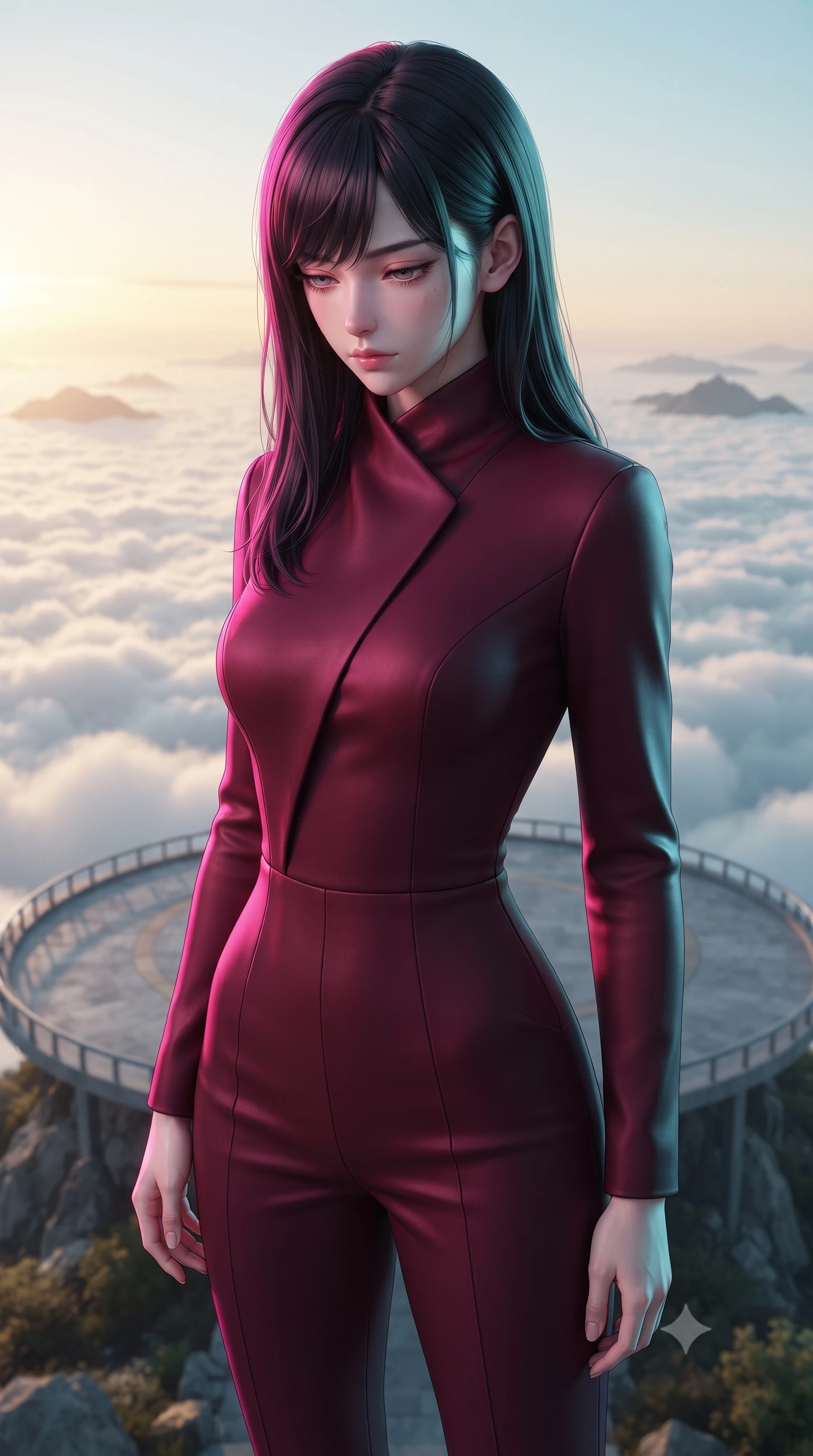score_9, masterpiece, best quality, ultra-detailed, high-budget anime keyframe, editorial fashion photography, tasteful artistic composition, Caucasian woman, strictly human ears. close-up cowboy shot from the waist and thighs up, the character dominates the composition, filling the frame with her large presence, background elements kept in soft focus. Looking down with lowered lashes and a composed powerful expression. set against a soft-focus background of an open circular observation platform jutting out from a mountain peak above the cloud layer at sunrise with the vast white cloud sea stretching to every horizon and distant peaks emerging like islands. She has an exceptionally elegant and slender, willowy female figure with an ultra-slim waist, a gracefully sculpted slender torso, and a refined slim physique. sharp v-shaped jawline, high-bridge nose, intricate jewel-like eyes with depth, thick eyelashes, glossy lips with a natural sheen. wearing a precision-tailored jumpsuit in deep burgundy with a high wrap-front neck, highlighting her slim waist and long legs. dual-tone lighting with hot magenta from the left and cool cyan from the right. 2k, ultra detail, master piece, 9:16 ratio