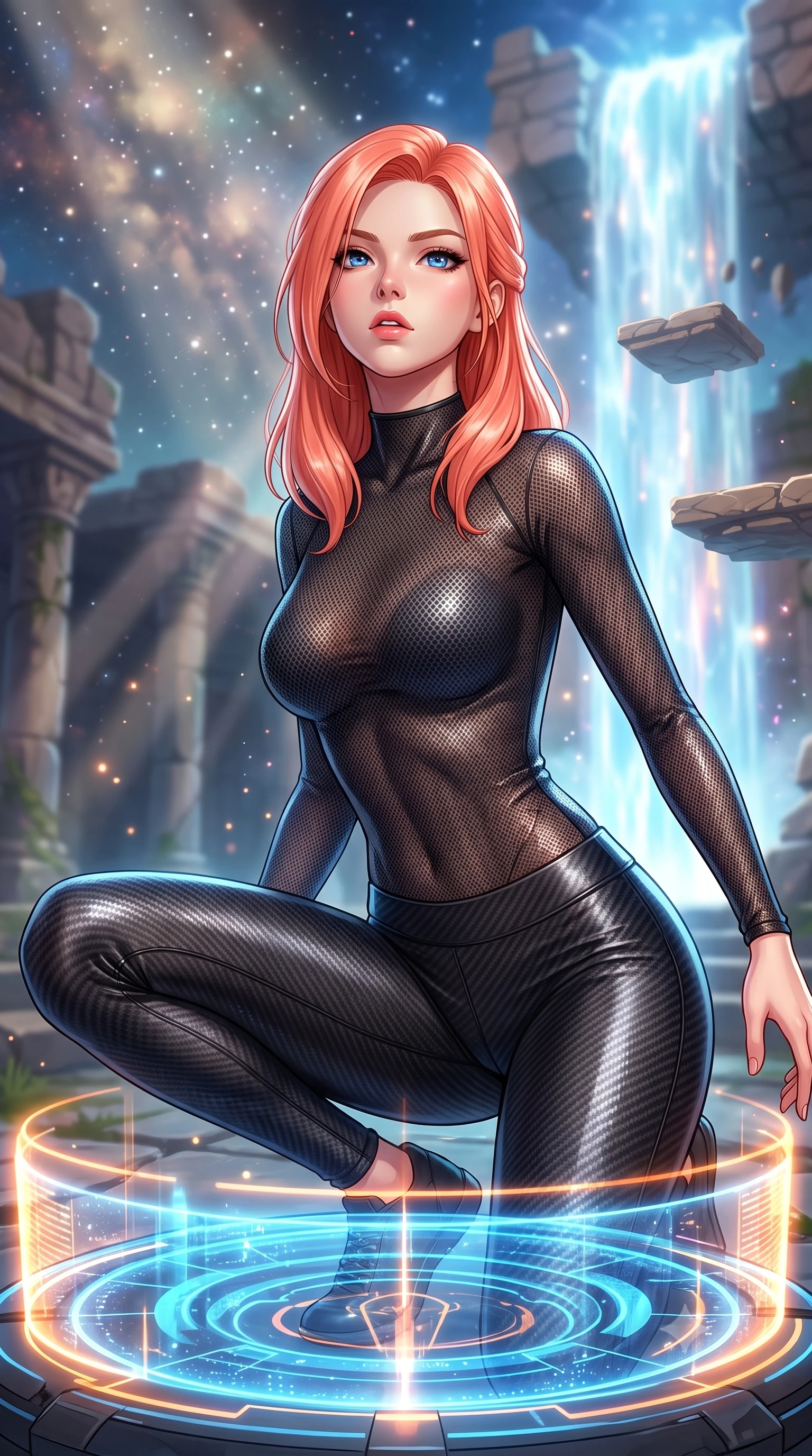 score_9, masterpiece, best quality, ultra-detailed, high-budget anime keyframe, editorial fashion photography, tasteful artistic composition, Japanese woman. close-up cowboy shot from the waist and thighs up, the character dominates the composition, filling the frame with her large presence, background elements kept in soft focus. crouching slightly behind a glowing holographic shield emitter, looking up with defiance and lips slightly parted, the background shows a soft-focus a ruins courtyard with levitating stone platforms near the energy waterfall. She has an exceptionally elegant, slender, and willowy female figure with an ultra-slim waist, a gracefully sculpted slender torso, and a refined silhouette. sharp v-shaped jawline, high-bridge nose, intricate jewel-like eyes with depth, thick eyelashes, glossy lips with a natural sheen. wearing a slim-fit body-hugging carbon-mesh mock-neck top paired with tight-fitting carbon-fiber leggings. dappled starlight filtering through cosmic dust clouds, creating light rays. highly saturated vibrant anime colors, detailed shading with soft gradients, rich glossy textures, high-contrast stereoscopic depth, volumetric dynamic lighting, master piece, 9:16 ratio