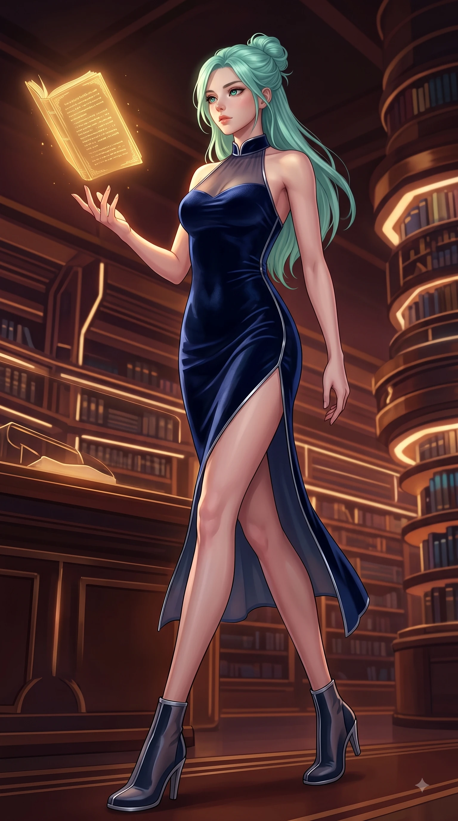 score_9, masterpiece, best quality, ultra-detailed, high-budget anime keyframe, editorial fashion photography, tasteful artistic composition, Japanese woman. low angle full-body shot from head to toe showing her feet, filling the entire 9:16 vertical frame with her statuesque presence, stretching her vertical silhouette. stepping forward in a proud dynamic stride with an alluring waist tilt, her vertical silhouette filling the frame while reaching her hand toward a glowing golden manuscript hovering in mid-air with magnetic poise, rich velvet and polished wood textures reflecting brilliant warm highlights. She has an absolutely perfect, statuesque 8.5-heads proportion, an exceptionally tall and slender model-like female figure with impossibly long slender legs and an ultra-slim waist. sharp v-shaped jawline, high-bridge nose, intricate jewel-like eyes with depth, thick eyelashes, glossy lips with a natural sheen, flawlessly proportioned anatomical accuracy, natural body alignment, perfectly sculpted elegant limbs, clean dynamic posture without body distortion. wearing a velvet halter-neck midi dress following her form like a glove in midnight navy blue and chrome trim, woven from fine semi-opaque sheer organza, finished with a sleek side slit ascending to mid-thigh, the glove-like fit emphasizing her statuesque silhouette during motion. surrounded by an opulent, intimate library aura with deep warm gradients. highly saturated vibrant anime colors, detailed shading with soft gradients, rich glossy textures, high-contrast stereoscopic depth, volumetric dynamic lighting, master piece, 9:16 ratio