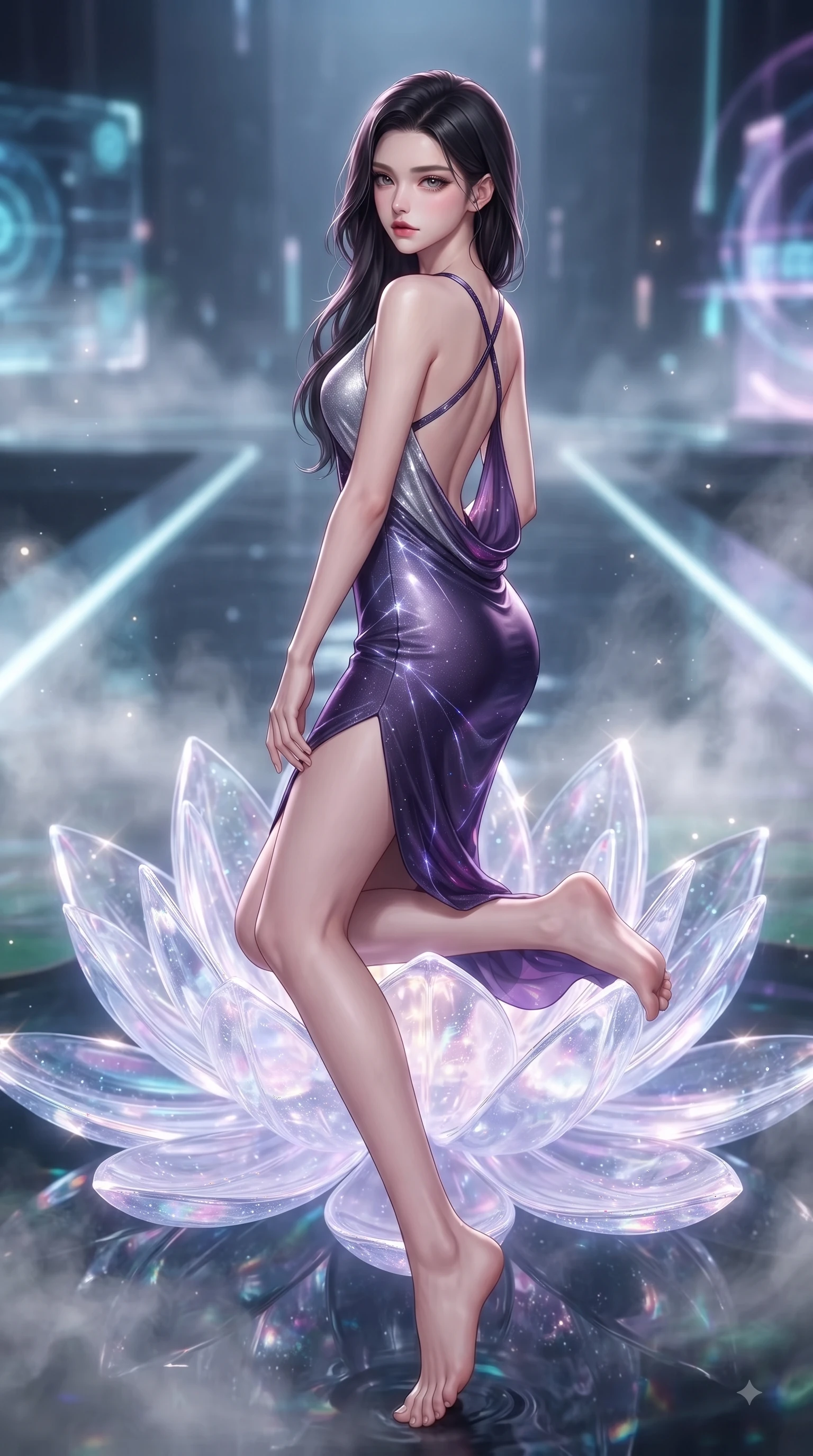 score_9, masterpiece, best quality, ultra-detailed, high-budget anime keyframe, editorial fashion photography, tasteful artistic composition, Korean woman. low angle full-body shot from head to toe showing her feet, filling the entire 9:16 vertical frame with her statuesque presence, stretching her vertical silhouette. pivoting dynamically in mid-motion with a breathtakingly alluring posture, displaying her flawless model proportions and ultra-slim waist while kneeling gracefully on a giant glowing glass lotus blossom floating in a tech-temple pond. The composition keeps background elements in soft focus with creamy bokeh. soft mist rising from the water surface scattering light into a gentle backdrop. She has an absolutely perfect, statuesque 8.5-heads proportion, an exceptionally tall and slender model-like female figure with impossibly long slender legs and an ultra-slim waist. sharp v-shaped jawline, high-bridge nose, intricate jewel-like eyes with depth, thick eyelashes, glossy lips with a natural sheen, flawlessly proportioned anatomical accuracy, natural body alignment, perfectly sculpted elegant limbs, clean dynamic posture without body distortion. wearing a precision-fitted liquid jersey bodycon dress with a dramatic draped cowl back that swoops down to her waist in dark amethyst purple and shimmering starlight silver, tailored from semi-translucent cybernetic vinyl with glowing micro-filaments, complemented by criss-cross back straps highlighting her completely bare spine, the form-contouring second-skin material highlighting her ultra-slim waist and long lines. bathed in pure crystal petal illumination and sparkling aquatic refractions. ultra-reflective glossy finish, specular highlights, metallic sheen, high-contrast stereoscopic depth, volumetric dynamic lighting, 2k, ultra detail, master piece, 9:16 ratio