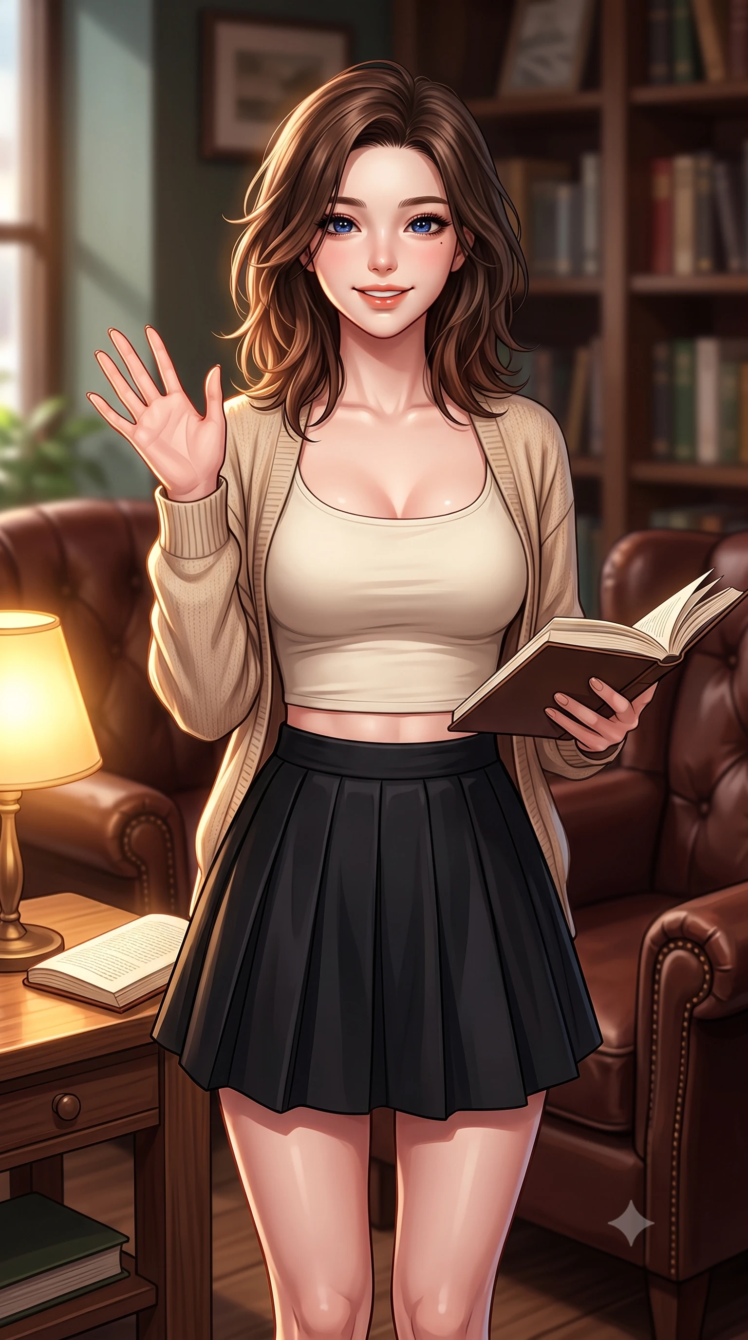 score_9, masterpiece, best quality, ultra-detailed, high-budget anime keyframe, editorial fashion photography, tasteful artistic composition, Korean woman. close-up cowboy shot from the waist and thighs up, the character dominates the composition, filling the frame with her large presence, background elements kept in soft focus. flashing a sweet, beaming smile while waving one hand gently toward the camera set against a soft-focus background of in a cozy book cafe corner with leather armchairs and wooden side tables holding a pair of reading glasses in her hand with a warm, cute expression. She has an exceptionally elegant, slender, and willowy female figure with an ultra-slim waist, a gracefully sculpted slender torso, and a refined silhouette. sharp v-shaped jawline, high-bridge nose, intricate jewel-like eyes with depth, thick eyelashes, glossy lips with a natural sheen. wearing body-hugging crop top under an open knit cardigan, paired with a high-waist pleated A-line skirt. soft reading lamp light casting a warm, concentrated golden glow on her book. highly saturated vibrant anime colors, detailed shading with soft gradients, rich glossy textures, high-contrast stereoscopic depth, volumetric dynamic lighting, master piece, 9:16 ratio