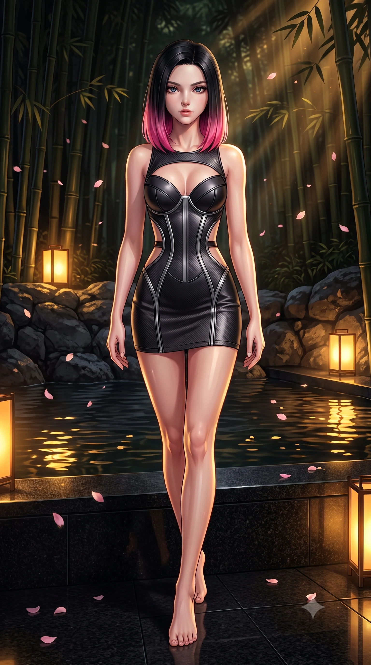 score_9, masterpiece, best quality, ultra-detailed, high-budget anime keyframe, editorial fashion photography, tasteful artistic composition, Korean woman. low angle full-body shot from head to toe showing her feet, filling the entire 9:16 vertical frame with her statuesque presence, stretching her vertical silhouette. stepping gracefully through the luxurious environment, stretching her statuesque silhouette, resting against a smooth black granite pool ledge under falling cherry blossom petals, warm amber lantern light casting glowing gold highlights across the dark pool. She has an absolutely perfect, statuesque 8.5-heads proportion, an exceptionally tall and slender model-like female figure with impossibly long slender legs and an ultra-slim waist. sharp v-shaped jawline, high-bridge nose, intricate jewel-like eyes with depth, thick eyelashes, glossy lips with a natural sheen. wearing architectural cut-out dark leather mini dress with sculpted metallic boning in pitch-black onyx, made of matte carbon-fiber weave, finished with metallic silver boning and sleek zipper points, contouring every curve with an exceptionally elegant silhouette. lit by low-key golden rays piercing through dark bamboo shadows. highly saturated vibrant anime colors, detailed shading with soft gradients, rich glossy textures, high-contrast stereoscopic depth, volumetric dynamic lighting, master piece, 9:16 ratio