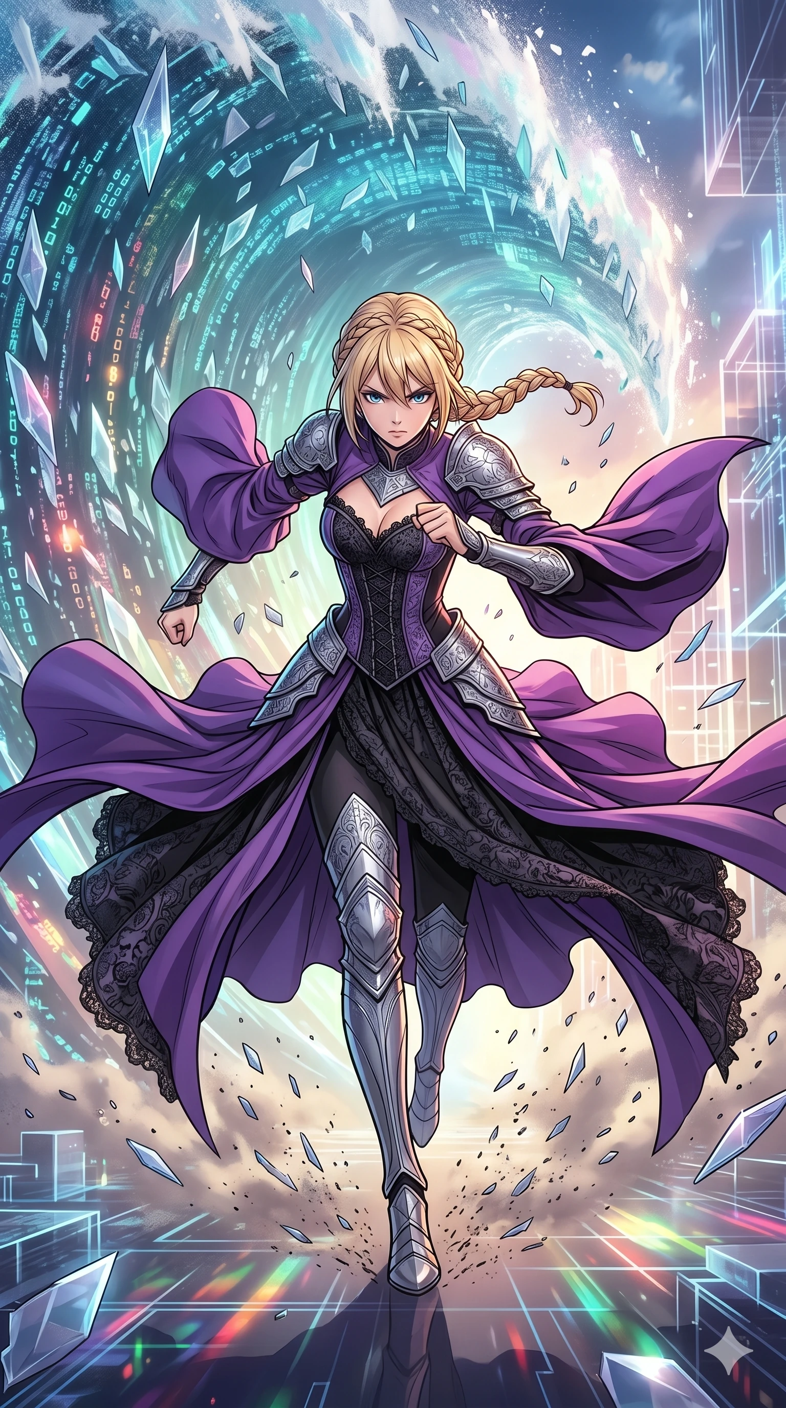 score_9, masterpiece, best quality, ultra-detailed, high-budget anime movie keyframe, cinematic anime lighting, intricate line art, Caucasian (strictly human ears) anime girl. Low angle cowboy shot capturing a powerful motion and statuesque presence. sprinting away from a massive tidal wave of data-shards. She has an absolutely perfect 8-heads proportion, an exceptionally tall and slender female figure with an ultra-slim waist and impossibly long slender legs. strictly human anatomy, two legs only, no extra limbs, clearly defined legs and arms, perfect anatomy, perfect hands and fingers. sharp v-shaped jawline, high-bridge nose, intricate jewel-like eyes, thick eyelashes, glossy lips. Wearing Dark Fantasy: Gothic lace corset gown, bell-sleeved sorceress robes, and engraved silver plate armor over silk. The scene is illuminated by dramatic atmospheric lighting and vibrant color palettes. , 2k, ultra detail, master piece, 9:16 ratio