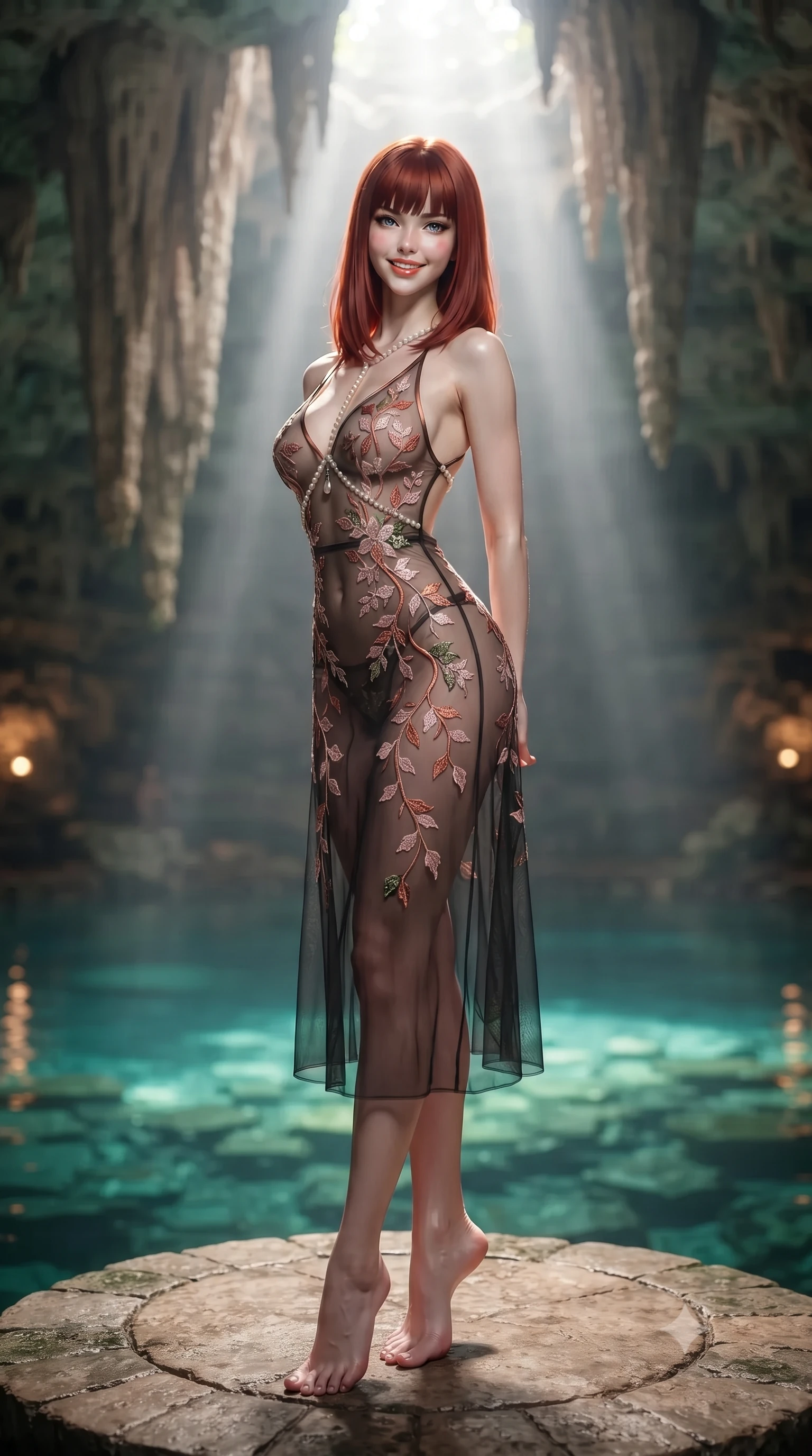 score_9, masterpiece, best quality, ultra-detailed, high-budget anime keyframe, editorial fashion photography, tasteful artistic composition, Caucasian woman. low angle full-body shot from head to toe showing her feet, filling the entire 9:16 vertical frame with her statuesque presence, stretching her vertical silhouette. reclining gracefully across the plush chaise lounge with one leg extended, her sculpted silhouette and flat midriff radiating magnetic nocturnal glamour while standing poised on the circular stone platform extending into the mirror-still subterranean cenote pool, arching her lower back with divine siren grace as a dramatic god ray of sunlight pierces the cave roof. The background shows a soft-focus colossal hanging limestone stalactites, single beam of sunlight cutting through subterranean mist, and translucent emerald cavern water blurred into jade, topaz, and obsidian bokeh. She has an exceptionally tall and slender model-like 8.5-heads proportion, an ultra-slim waist, a flat toned midriff, narrow delicate ribcage, and beautifully sculpted feminine hips creating a graceful, slim hourglass silhouette without any bulky heaviness, with impossibly long slender legs. sharp v-shaped jawline, high-bridge nose, intricate jewel-like sparkling eyes with depth, thick eyelashes, glossy parted lips with a natural peach sheen, bright cheerful beaming smile with an enchanting and coquettish sensual glint, exuding both youthful cute charm and seductive allure, flawlessly proportioned anatomical accuracy, strict slender model proportions, natural body alignment, perfectly sculpted long slender limbs, ultra-slim waistline, clean dynamic posture without body distortion. wearing a provocative sheer noir illusion mesh cocktail dress with embroidered climbing ivy ribbons contouring her curves in rose-quartz blush and burnished copper, made of sheer gossamer chiffon that drapes softly against skin with airy translucence, accented with a pearl-drop body harness subtly framing her dewy collarbones and spine, the precision-cut side openings and low-back scoop framing her graceful spine and the sensual sweep of her slim, toned hips. bathed in the theatrical 5000K vertical god-ray sunbeam shaft contrasting with warm 2600K amber cave wall accent downlights. ultra-reflective glossy finish, specular highlights, rich textural contrasts, high-contrast stereoscopic depth, volumetric dynamic lighting, 2k, ultra detail, master piece, 9:16 ratio