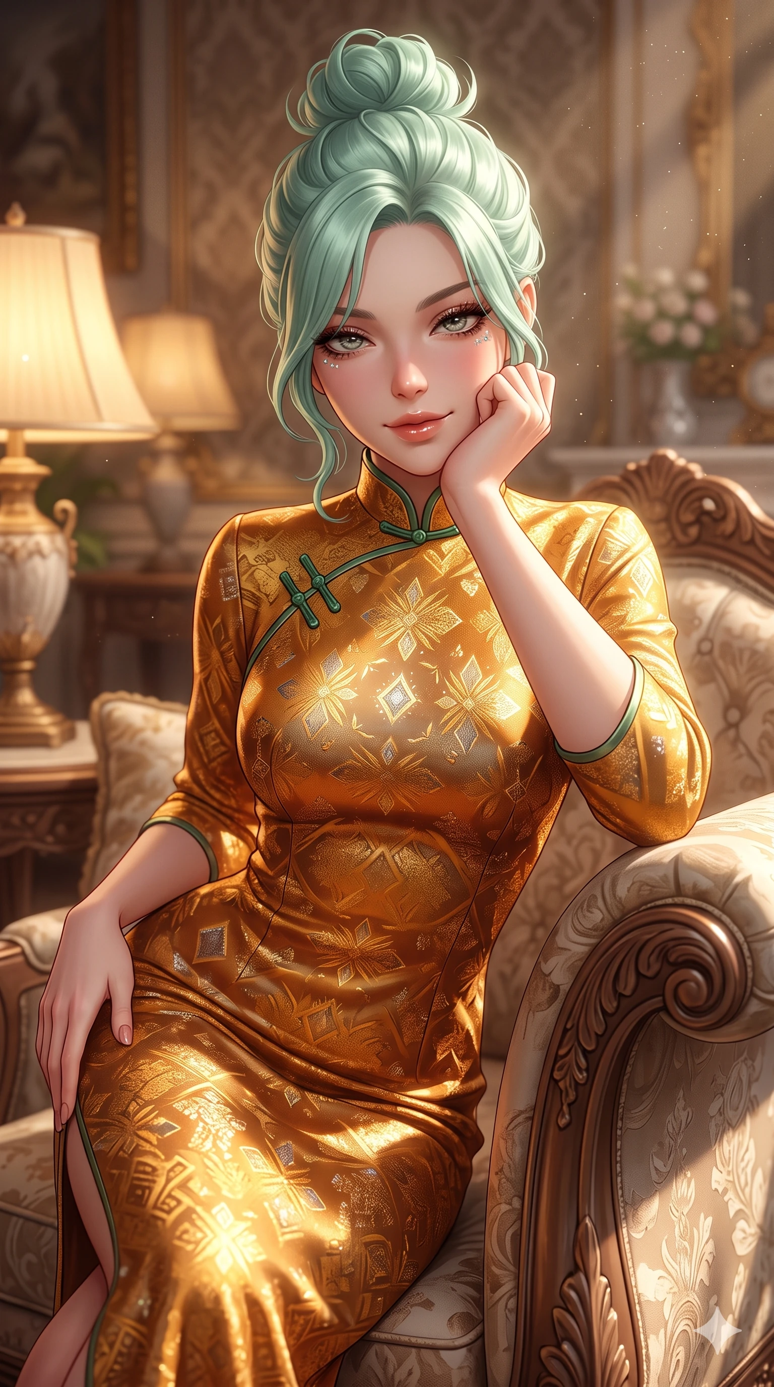 score_9, masterpiece, best quality, ultra-detailed, high-budget anime keyframe, semi-realistic 3D game render, editorial fashion photography, tasteful artistic composition, Japanese woman. close-up cowboy shot from the waist and thighs up, the character dominates the composition, filling the frame with her large presence. tilting her head with a teasing half-smile, running one hand slowly down the side of her hip in a flirtatious S-curve as ambient light caresses her silhouette while resting one elbow on the carved settee armrest and supporting her chin, leaning close to the camera with heavy-lidded smoldering bedroom-eyes. The background shows a soft-focus vintage aristocratic salon atmosphere softened in damask salon shallow focus. She has an exceptionally elegant, slender, and willowy female figure with an ultra-slim waist, flat toned midriff, narrow ribcage, and sculpted feminine hips creating an alluring, slim hourglass silhouette without bulk. sharp v-shaped jawline, high-bridge nose, intricate jewel-like sparkling eyes with depth, thick eyelashes, glossy parted lips with a natural sheen, intensely captivating and seductive bedroom-eyes expression, exuding both youthful cute charm and sovereign luxury allure, flawlessly proportioned anatomical accuracy, strict slender model proportions, natural body alignment, perfectly sculpted long slender limbs, ultra-slim waistline, clean dynamic posture without body distortion. wearing an aristocratic gold-leaf jacquard brocade shift dress with high boat neckline and elegant bracelet sleeves in cosmic eclipse amber and starlight diamond, tailored from heavy double-faced silk georgette with an exceptionally fluid drape, finished with sleek jade frog closures glinting along her high collar, the bespoke structured tailoring following the natural line of her 8.5-heads silhouette with refined elegance. bathed in the soft, intimate warm 2700K ambient light of silk-shaded table lamps mixed with angled window sunbeams. highly saturated vibrant anime colors, detailed shading with soft gradients, rich glossy textures, high-contrast stereoscopic depth, volumetric dynamic lighting, master piece, 9:16 ratio