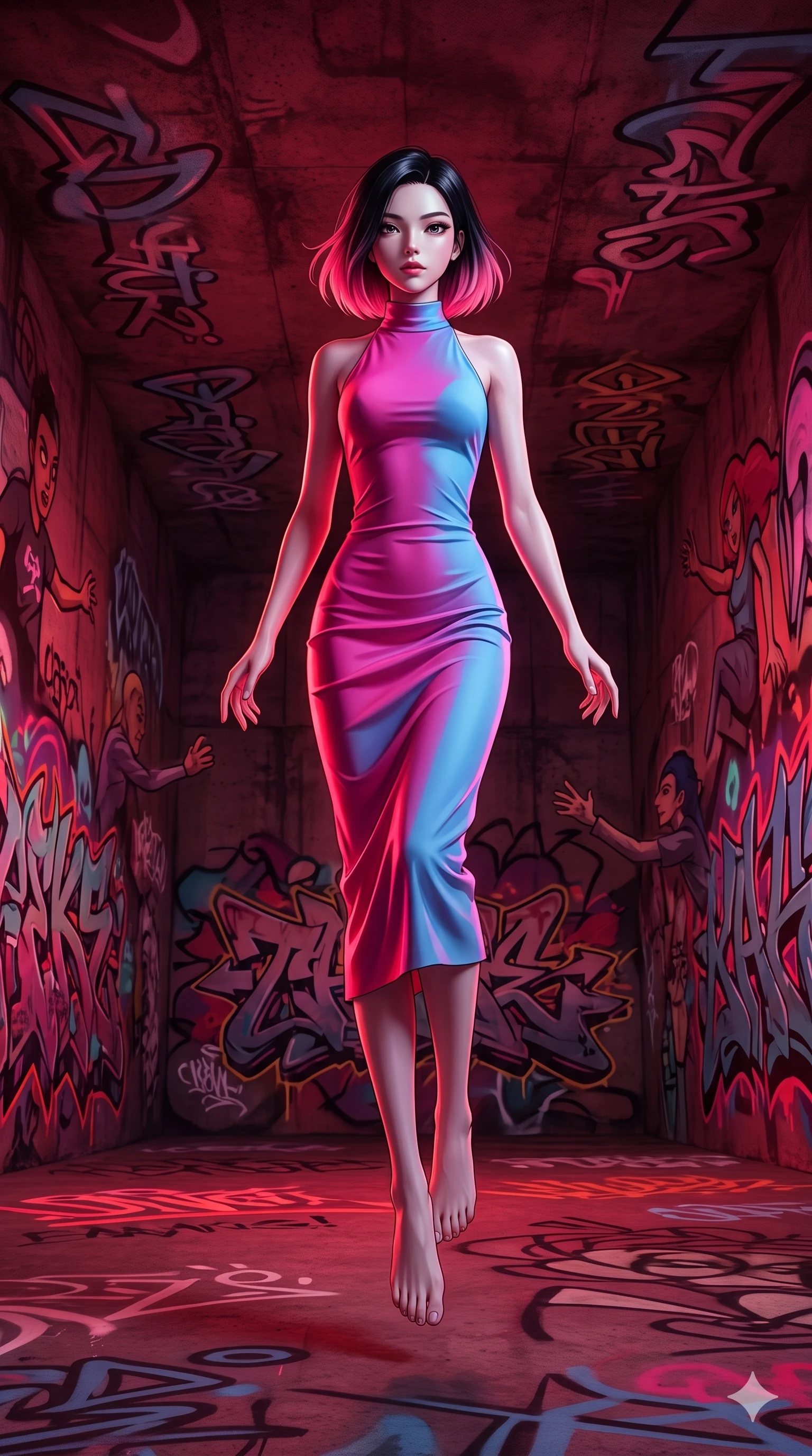 score_9, masterpiece, best quality, ultra-detailed, high-budget anime keyframe, editorial fashion photography, tasteful artistic composition, Korean woman. low angle full-body shot from head to toe showing her feet, filling the entire 9:16 vertical frame with her statuesque presence, stretching her vertical silhouette. floating with ethereal lightness within a vast underground chamber where spray-paint graffiti murals covering every surface glow with neon light and the painted characters animate and move within their murals reaching across walls. She has a statuesque 8.5-heads proportion, an exceptionally tall, slender and willowy model-like build with impossibly long legs and a highly sculpted ultra-slim waist. sharp v-shaped jawline, high-bridge nose, intricate jewel-like eyes with depth, thick eyelashes, glossy lips with a natural sheen. wearing a high-neck bodycon midi dress in a vibrant dual-tone of fuchsia and sky blue, sculpting her slender dancer frame with modern simplicity. deep crimson theatrical lighting with sharp specular highlights on every curve. 2k, ultra detail, master piece, 9:16 ratio
