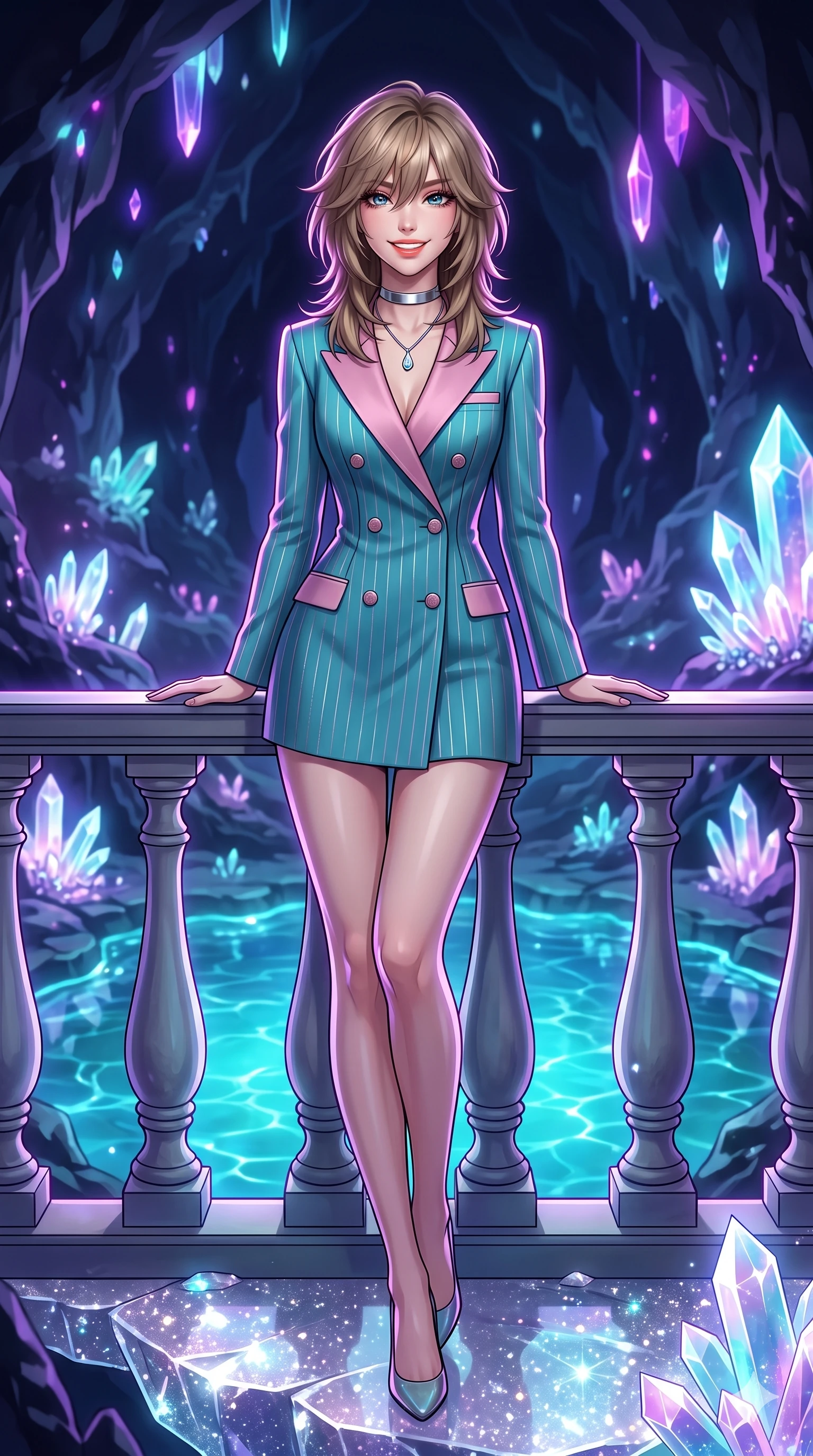 score_9, masterpiece, best quality, ultra-detailed, high-budget anime keyframe, semi-realistic 3D game render, editorial fashion photography, tasteful artistic composition, Japanese woman. low angle full-body shot from head to toe showing her feet, filling the entire 9:16 vertical frame with her statuesque presence, stretching her vertical silhouette. leaning deep against the balcony balustrade with hips cocked back in an unapologetically alluring high-fashion stance, casting an intoxicating glance while standing poised on the sparkling quartz crystal ledge above the glowing geode pool, arching her back with breathtaking anime heroine charisma as neon ultraviolet crystal facets shimmer. The surrounding environment is rendered in vivid detail and crisp panoramic clarity: detailed anime keyframe lines, rich glossy textures, and magical subterranean geology in razor-sharp precision. She has an exceptionally tall and slender model-like 8.5-heads proportion, an ultra-slim waist, a flat toned midriff, narrow delicate ribcage, and beautifully sculpted feminine hips creating a graceful, slim hourglass silhouette without any bulky heaviness, with impossibly long slender legs. sharp v-shaped jawline, high-bridge nose, intricate jewel-like sparkling eyes with depth, thick eyelashes, glossy parted lips with a natural peach sheen, bright cheerful beaming smile with an enchanting and coquettish sensual glint, exuding both youthful cute charm and seductive allure, flawlessly proportioned anatomical accuracy, strict slender model proportions, natural body alignment, perfectly sculpted long slender limbs, ultra-slim waistline, clean dynamic posture without body distortion. wearing a tailored double-breasted blazer dress with subtle metallic pin-stripes and structured lapels in subterranean lagoon turquoise and lotus blossom pink, crafted from bespoke double-faced cashmere with an exceptionally soft tactile finish, finished with a minimalist chrome choker and a single teardrop diamond pendant, the impeccably tailored cut draping gracefully along her slender figure with aristocratic poise. illuminated by pool surface reflection bounce and sharp neon-violet rim lights sculpting her jawline, narrow waist, and curvy hips. highly saturated vibrant anime colors, detailed shading with soft gradients, rich glossy textures, high-contrast stereoscopic depth, volumetric dynamic lighting, master piece, 9:16 ratio