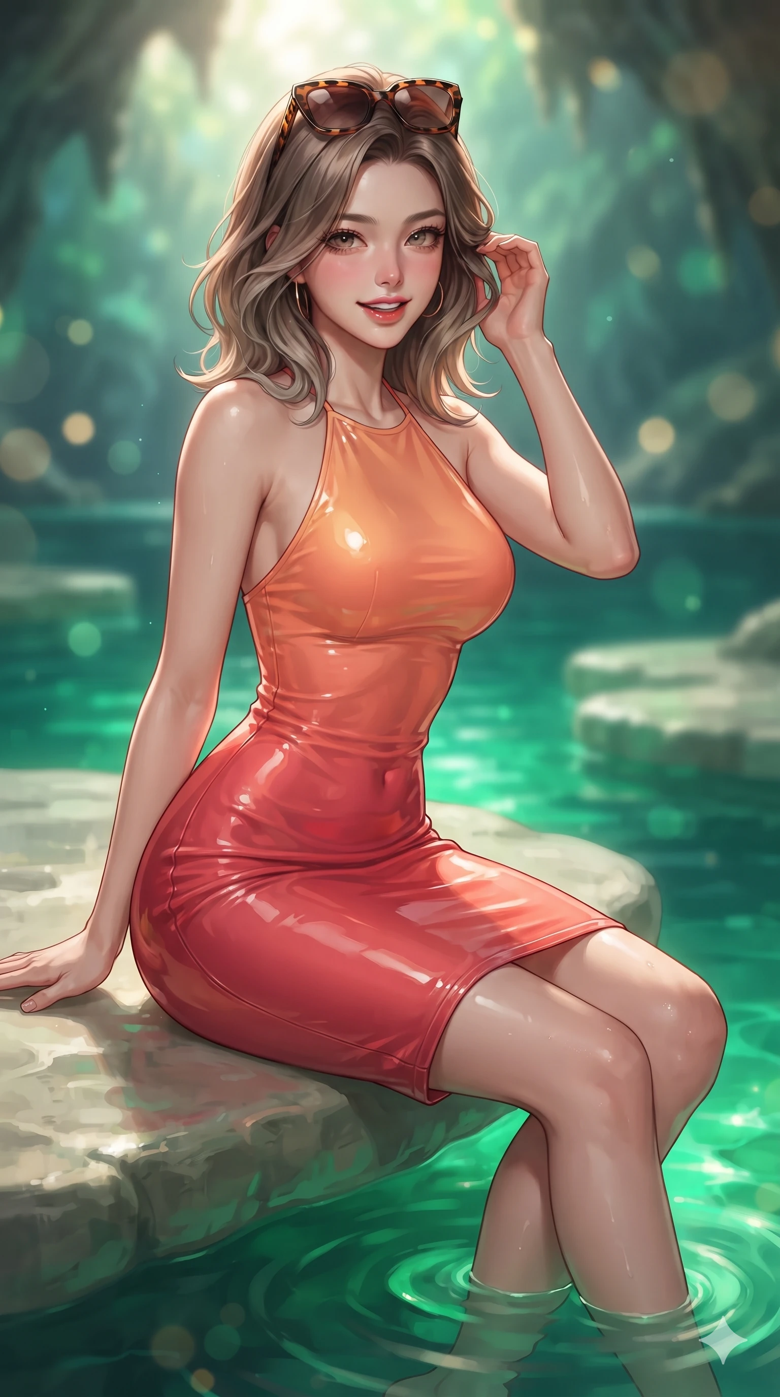 score_9, masterpiece, best quality, ultra-detailed, high-budget anime keyframe, editorial fashion photography, tasteful artistic composition, Korean woman. close-up cowboy shot from the waist and thighs up, the character dominates the composition, filling the frame with her large presence. gently brushing a lock of salt-kissed hair behind her ear while casting a playful, flirtatious side-gaze with long eyelashes while sitting on the smooth sea-washed limestone shelf with legs dangling into the emerald waters, flashing a dangerous, captivating smile with parted glossy lips. The background shows a soft-focus luminous emerald-green cavern water, submerged limestone ledges, and sunlight piercing cave portals blurred into jade, tourmaline, and gold bokeh. She has an exceptionally elegant, slender, and willowy female figure with an ultra-slim waist, flat toned midriff, narrow ribcage, and sculpted feminine hips creating an alluring, slim hourglass silhouette without bulk. sharp v-shaped jawline, high-bridge nose, sparkling eyes with hypnotic seductive depth, thick curled eyelashes, glossy parted lips with a natural dewy peach sheen, alluring bedroom-eyes with an enchanting coquettish smile, exuding magnetic siren charisma and sophisticated glamour, flawlessly proportioned anatomical accuracy, strict slender model proportions, natural body alignment, perfectly sculpted long slender limbs, ultra-slim waistline, clean dynamic posture without body distortion. wearing a form-fitting liquid mercury jersey halter dress clinging smoothly to her narrow waist and rounded hips in blazing sunset peach and deep coral crimson, crafted from wet-look high-gloss vinyl fabric with dazzling specular surface reflections, complemented by oversized designer tortoiseshell sunglasses resting atop her head, the bespoke structured tailoring following the natural line of her 8.5-heads silhouette with refined elegance. illuminated by jade water bounce and sharp golden-emerald rim lights defining her razor-sharp jawline, narrow waist, and curvy hips. ultra-reflective glossy finish, specular highlights, rich textural contrasts, high-contrast stereoscopic depth, volumetric dynamic lighting, 2k, ultra detail, master piece, 9:16 ratio