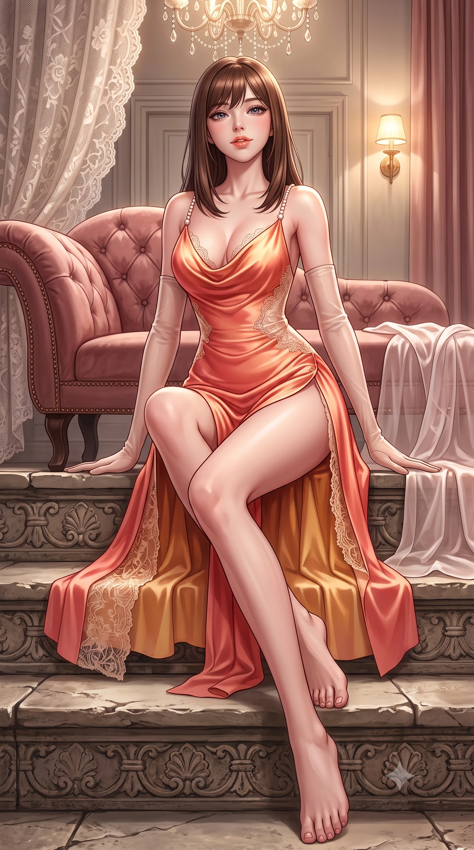 score_9, masterpiece, best quality, ultra-detailed, high-budget anime keyframe, semi-realistic 3D game render, editorial fashion photography, tasteful artistic composition, Korean woman. low angle full-body shot from head to toe showing her feet, filling the entire 9:16 vertical frame with her statuesque presence, stretching her vertical silhouette. sitting poised on the stone steps with one knee bent, arching her spine with supermodel elegance as she glances upward through thick eyelashes while leaning back against the tufted dusty-rose velvet chaise with hips cocked back, looking directly into the camera with an irresistible bedroom-gaze. The surrounding environment is rendered in vivid detail and crisp panoramic clarity: detailed delicate French Chantilly lace teddy drape, sheer silk robe slipping off shoulders, and bespoke interior craft in razor-sharp precision. She has an absolutely perfect, statuesque 8.5-heads proportion, an exceptionally tall and slender model-like female figure with impossibly long slender legs, an ultra-slim waist, a flat toned midriff, narrow delicate ribcage, and beautifully sculpted feminine hips creating a graceful, slim hourglass silhouette without any bulky heaviness. sharp v-shaped jawline, high-bridge nose, sparkling eyes with hypnotic seductive depth, thick curled eyelashes, glossy parted lips with a natural dewy peach sheen, alluring bedroom-eyes with an enchanting coquettish smile, exuding magnetic siren charisma and sophisticated glamour, flawlessly proportioned anatomical accuracy, strict slender model proportions, natural body alignment, perfectly sculpted long slender limbs, ultra-slim waistline, clean dynamic posture without body distortion. wearing a plunging cowl-neck liquid silk satin sarong slip dress with daring hip-high double slits and pearl shoulder straps in Bali tropical frangipani coral and warm honey, made of delicate semi-sheer French Chantilly lace with intricate eyelash edges, complemented by sheer opera-length evening gloves tracing her slender arms, the second-skin tailored fabric adhering flawlessly to her sculpted flat midriff and slender torso, emphasizing her long leg lines and perfectly proportioned willowy build. bathed in intimate warm 2700K vanity sconce lighting combined with overhead chandelier sparkle creating multi-angle highlights. highly saturated vibrant anime colors, detailed shading with soft gradients, rich glossy textures, high-contrast stereoscopic depth, volumetric dynamic lighting, master piece, 9:16 ratio