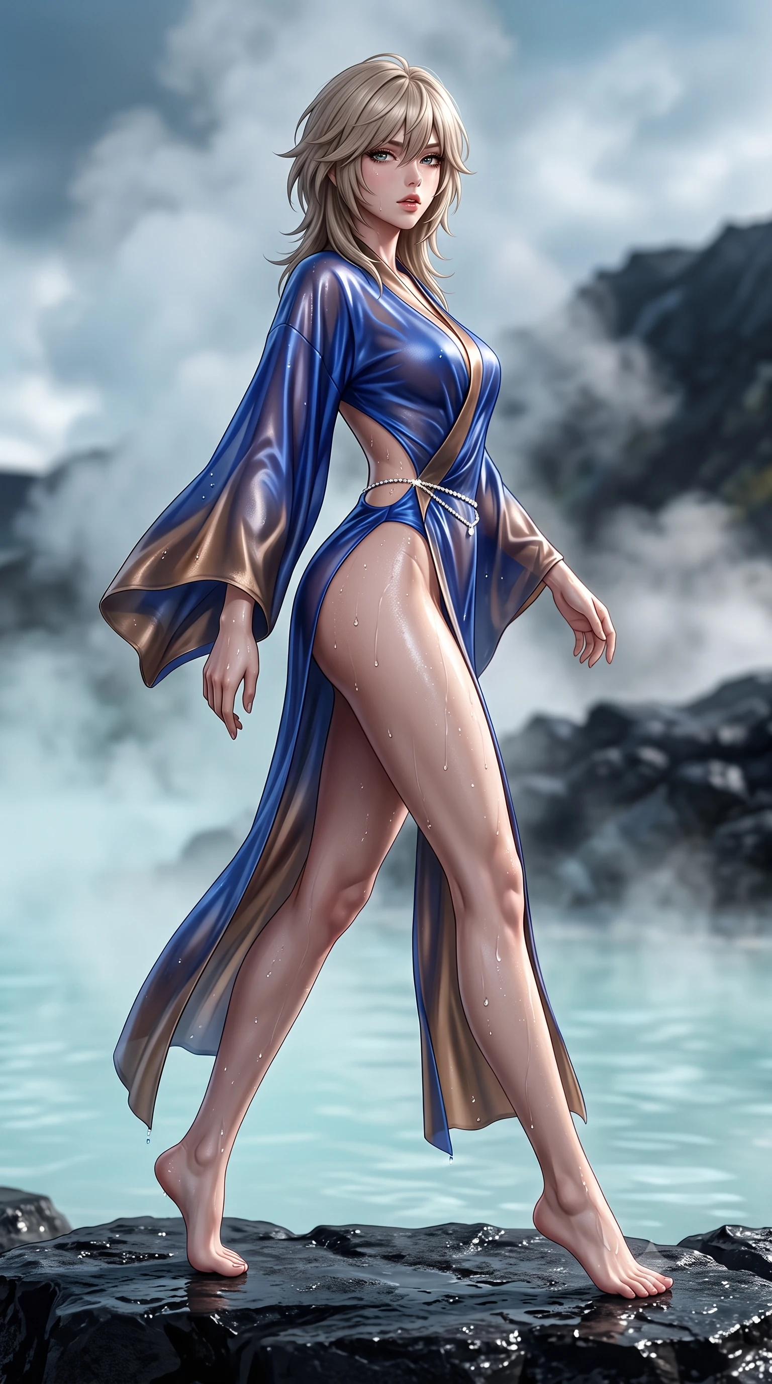 score_9, masterpiece, best quality, ultra-detailed, high-budget anime keyframe, semi-realistic 3D game render, editorial fashion photography, tasteful artistic composition, Japanese woman. low angle full-body shot from head to toe showing her feet, filling the entire 9:16 vertical frame with her statuesque presence, stretching her vertical silhouette. striding forward in a proud supermodel runway stride, hips swaying in an alluring kinetic rhythm that accentuates her curvy hourglass silhouette while sitting on the black basalt rock rim of the steaming geothermal lagoon, water droplets beading on her hip as she glances back with parted lips. The composition keeps background elements in soft focus with creamy bokeh. swirling geothermal steam clouds and distant volcanic basalt ridges blurred into milky-cyan, deep charcoal, and silver-moonlight bokeh. She has an exceptionally tall and slender model-like 8.5-heads proportion, an ultra-slim waist, a flat toned midriff, narrow delicate ribcage, and beautifully sculpted feminine hips creating a graceful, slim hourglass silhouette without any bulky heaviness, with impossibly long slender legs. sharp v-shaped jawline, high-bridge nose, intricate jewel-like eyes with depth, thick eyelashes, glossy parted lips with a natural sheen, intensely captivating and seductive bedroom-eyes expression, flawlessly proportioned anatomical accuracy, strict slender model proportions, natural body alignment, perfectly sculpted long slender limbs, ultra-slim waistline, clean dynamic posture without body distortion. wearing a delicate semi-translucent silk yukata that clings to her wet skin and curvy hip contours in royal sapphire blue and liquid bronze, tailored from ultra-smooth duchess satin with a pearlescent sheen, accented with a dainty diamond waist chain catching the ambient light reflections, the precision-cut side openings and low-back scoop framing her graceful spine and the sensual sweep of her slim, toned hips. illuminated by wet specular highlights accentuating her slender neckline, sculpted waist, and rounded hips. highly saturated vibrant anime colors, detailed shading with soft gradients, rich glossy textures, high-contrast stereoscopic depth, volumetric dynamic lighting, master piece, 9:16 ratio