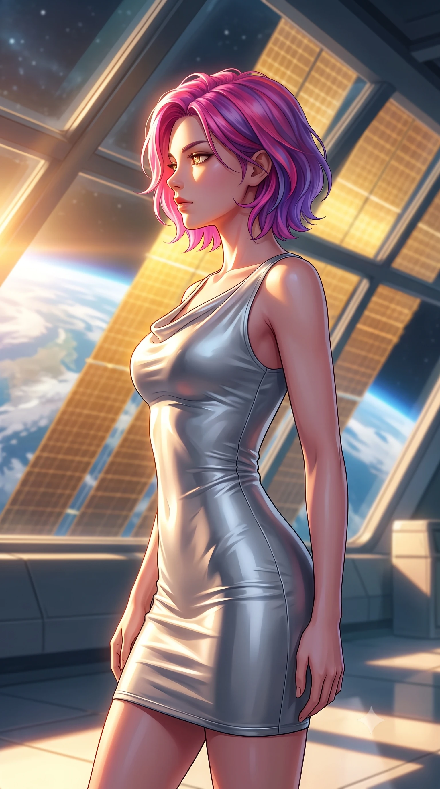 score_9, masterpiece, best quality, ultra-detailed, high-budget anime keyframe, editorial fashion photography, tasteful artistic composition, Caucasian woman woman. close-up cowboy shot from the waist and thighs up, the character dominates the composition, filling the frame with her large presence, background elements kept in soft focus. She has an exceptionally elegant, slender, and willowy female figure with an ultra-slim waist, a gracefully sculpted slender torso, and a refined silhouette. turning her head in a sharp dramatic profile against the key light, her eyes glowing with calm focus, flawlessly proportioned anatomical accuracy, natural body alignment, perfectly sculpted elegant limbs, clean dynamic posture without body distortion. set against a soft-focus background of an orbital solarium deck with giant gold solar panels overlooking Earth. wearing a sleek bodycon liquid silver jersey dress hugging every curve with a subtle cowl neckline. bathed in intense golden hour solar light slicing through glass ceiling panels. highly saturated vibrant anime colors, detailed shading with soft gradients, rich glossy textures, high-contrast stereoscopic depth, volumetric dynamic lighting, master piece, 9:16 ratio