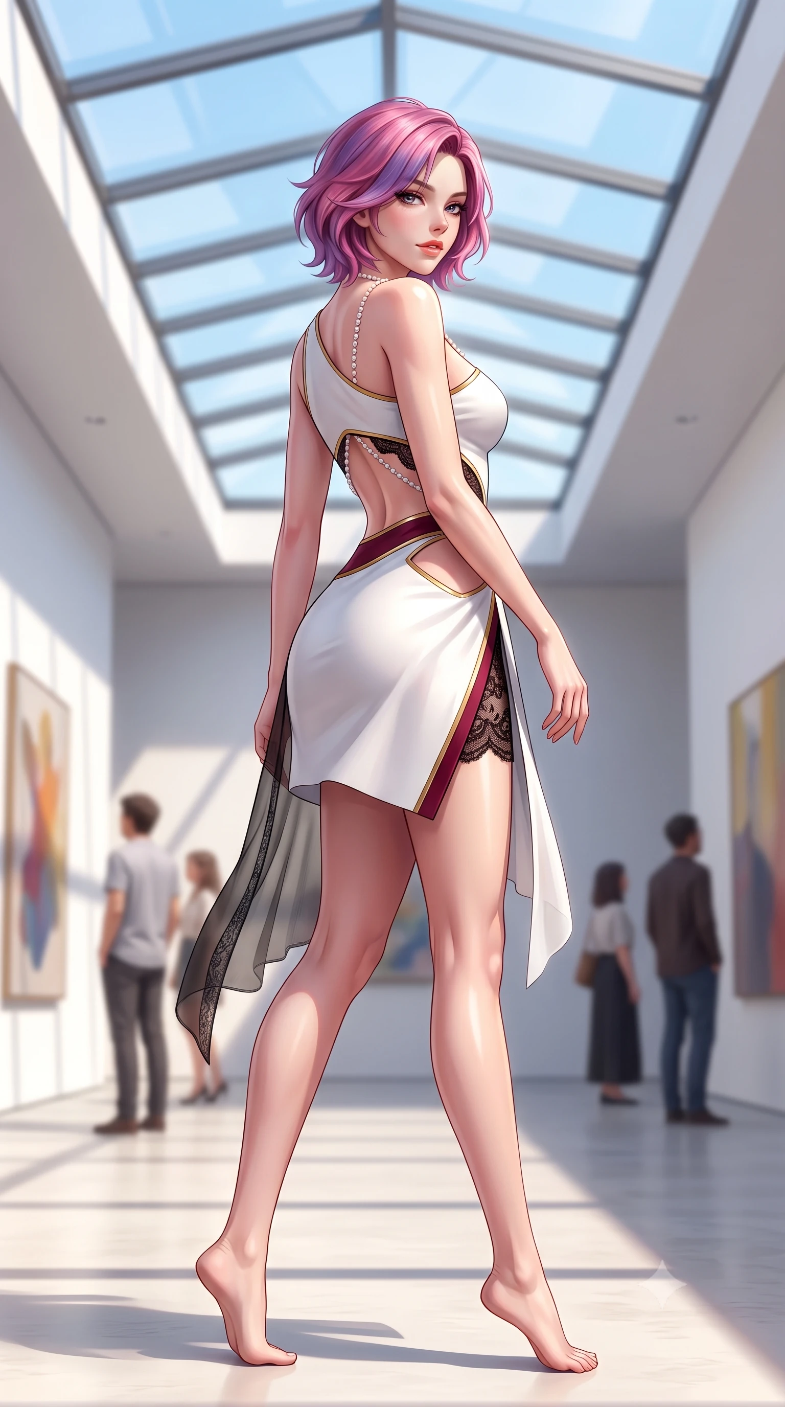 score_9, masterpiece, best quality, ultra-detailed, high-budget anime keyframe, semi-realistic 3D game render, editorial fashion photography, tasteful artistic composition, Caucasian woman. low angle full-body shot from head to toe showing her feet, filling the entire 9:16 vertical frame with her statuesque presence, stretching her vertical silhouette. walking along the terrace with poise, looking back over her bare shoulder with an irresistible smoldering bedroom-gaze while twisting her slender torso in an alluring contrapposto stance, geometric sunlight beams cutting across her flat midriff and curvy hips. The background shows a soft-focus modern art visitors softened in ultra-minimalist museum shallow focus. She has an absolutely perfect, statuesque 8.5-heads proportion, an exceptionally tall and slender model-like female figure with impossibly long slender legs, an ultra-slim waist, a flat toned midriff, narrow delicate ribcage, and beautifully sculpted feminine hips creating a graceful, slim hourglass silhouette without any bulky heaviness. sharp v-shaped jawline, high-bridge nose, sparkling eyes with hypnotic seductive depth, thick curled eyelashes, glossy parted lips with a natural dewy peach sheen, alluring bedroom-eyes with an enchanting coquettish smile, exuding magnetic siren charisma and sophisticated glamour, flawlessly proportioned anatomical accuracy, strict slender model proportions, natural body alignment, perfectly sculpted long slender limbs, ultra-slim waistline, clean dynamic posture without body distortion. wearing an asymmetric one-shoulder white neoprene mini dress with sharp laser-cut side openings framing her spine and hips in smoldering bordeaux wine and liquid gold with black chantilly lace, made of sheer gossamer chiffon that drapes softly against skin with airy translucence, accented with a pearl-drop body harness subtly framing her dewy collarbones and spine, the high-slit wrap tailoring accentuating her ultra-slim waistline and the enchanting curve of her feminine hips with alluring seductive charm. bathed in intense crisp neutral 5500K daylight flooding directly down from the overhead glass skylight. highly saturated vibrant anime colors, detailed shading with soft gradients, rich glossy textures, high-contrast stereoscopic depth, volumetric dynamic lighting, master piece, 9:16 ratio