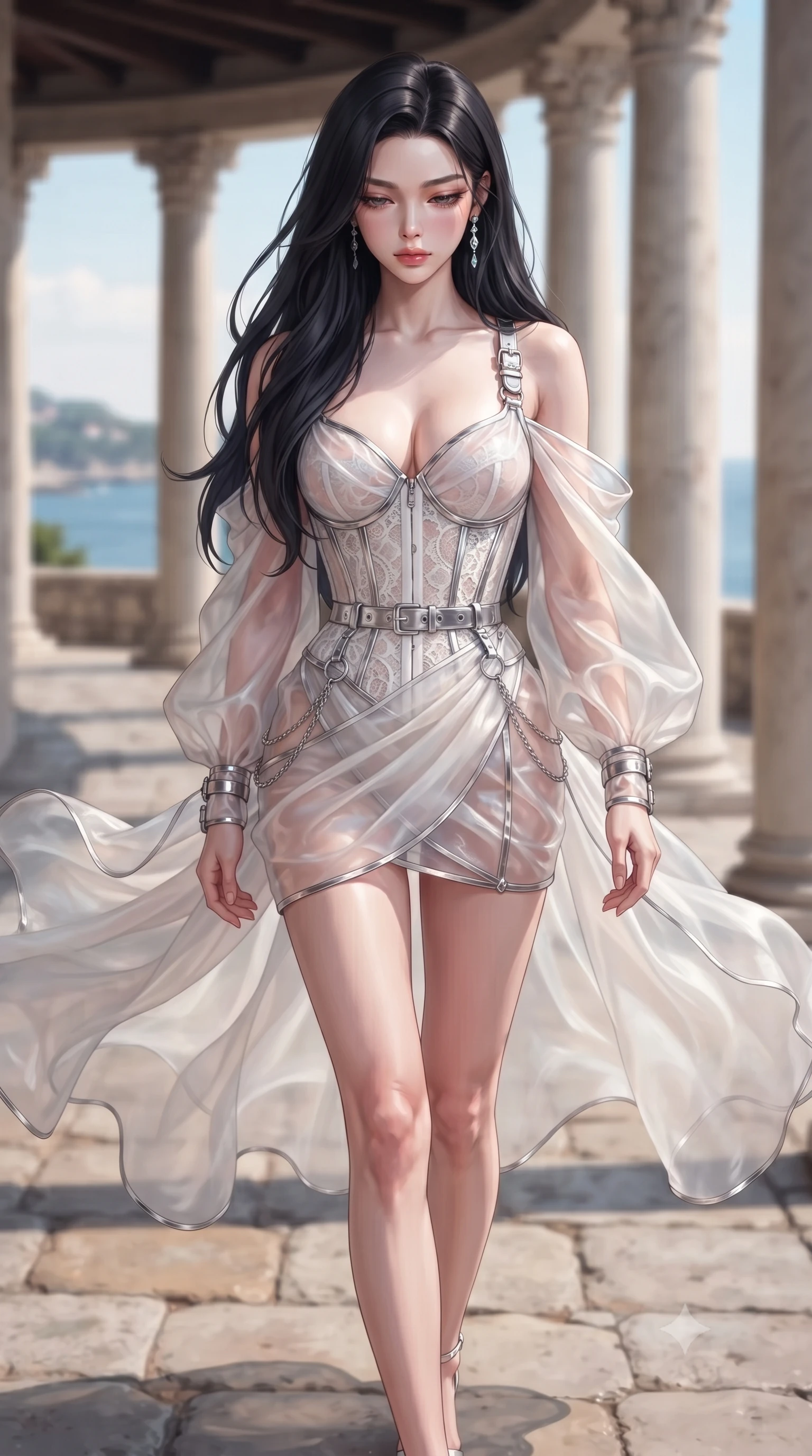 score_9, masterpiece, best quality, ultra-detailed, high-budget anime keyframe, editorial fashion photography, tasteful artistic composition, Korean woman. close-up cowboy shot from the waist and thighs up, the character dominates the composition, filling the frame with her large presence, background elements kept in soft focus. Looking down with lowered lashes and a composed, powerful aura, walking along a coastal colonnade as sea breezes whip her draped silk gown, sculptural fit of fabric emphasizing her ultra-slim waist and long legs. She has an exceptionally elegant, slender, and willowy female figure with an ultra-slim waist, a gracefully sculpted slender torso, and a refined silhouette. sharp v-shaped jawline, high-bridge nose, intricate jewel-like eyes with depth, thick eyelashes, glossy lips with a natural sheen. wearing translucent opal organza mini dress over structured white lace corset in metallic silver, made of sheer opal chiffon overlay, framed by polished silver buckles and delicate chain details, accentuating her gracefully sculpted slender torso. lit by clear coastal daylight casting soft graceful shadows. highly saturated vibrant anime colors, detailed shading with soft gradients, rich glossy textures, high-contrast stereoscopic depth, volumetric dynamic lighting, master piece, 9:16 ratio
