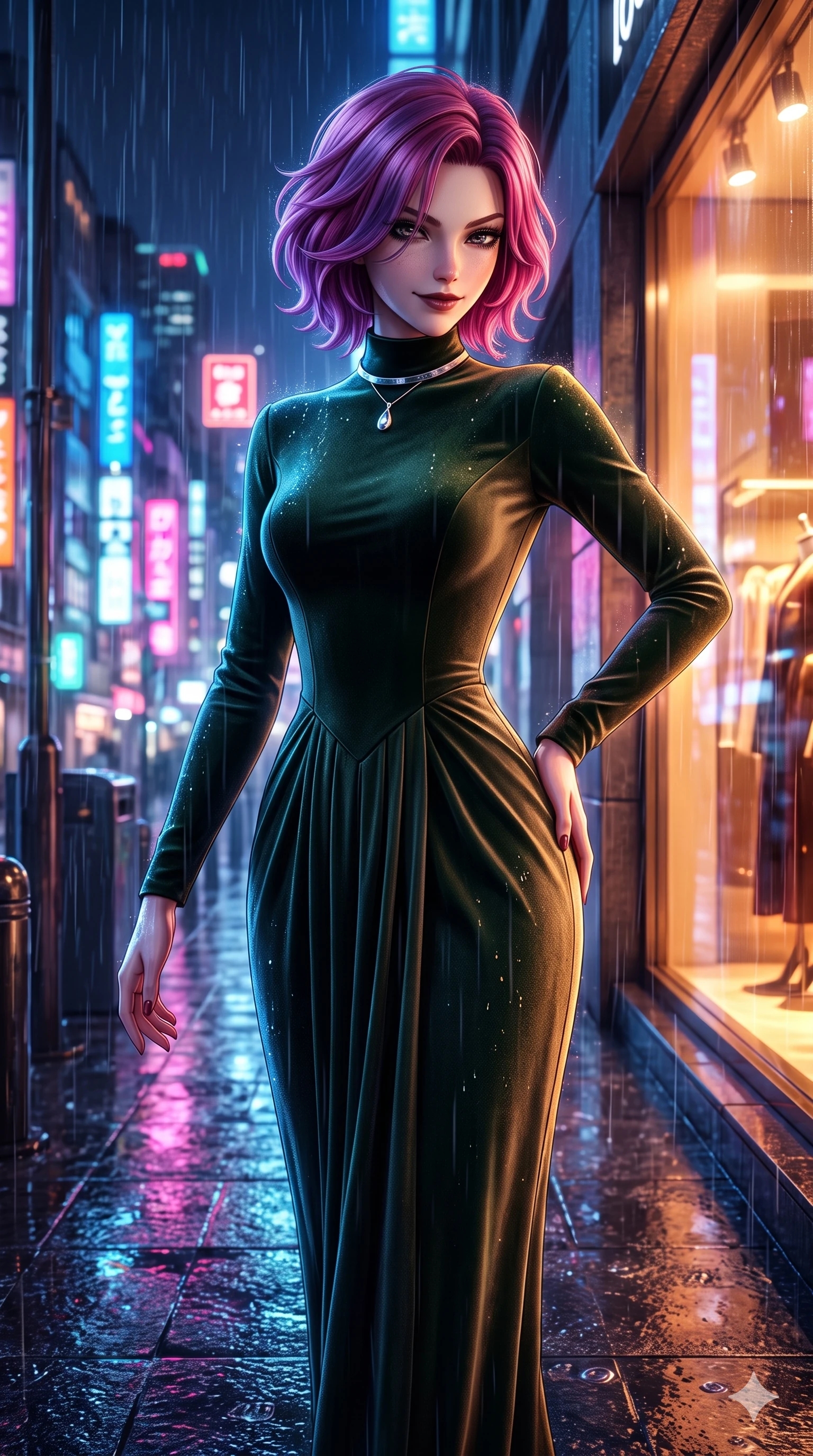 score_9, masterpiece, best quality, ultra-detailed, high-budget anime keyframe, semi-realistic 3D game render, editorial fashion photography, tasteful artistic composition, Caucasian woman. close-up cowboy shot from the waist and thighs up, the character dominates the composition, filling the frame with her large presence. pausing beside an illuminated luxury boutique window with hips cocked back, glancing back with an enchanting, dangerous smile through falling rain while stepping forward into the rain-streaked neon light, head tilted slightly as her smoldering gaze captivates the lens. The surrounding environment is rendered in vivid detail and crisp panoramic clarity: detailed metallic leather mini dress cling, liquid mercury sheen, and modern Japanese cityscape in razor-sharp clarity. She has an exceptionally elegant, slender, and willowy female figure with an ultra-slim waist, flat toned midriff, narrow ribcage, and sculpted feminine hips creating an alluring, slim hourglass silhouette without bulk. sharp v-shaped jawline, high-bridge nose, intricate jewel-like dark sparkling eyes with dangerous depth, thick curled eyelashes, glossy parted lips with a rich wine sheen, smoldering seductive half-smile with bedroom-eyes, exuding effortless superiority and intoxicating dark allure, flawlessly proportioned anatomical accuracy, strict slender model proportions, natural body alignment, perfectly sculpted long slender limbs, ultra-slim waistline, clean dynamic posture without body distortion. wearing a refined long-sleeve velvet evening gown with high neckline and fluid pleated column skirt in dark emerald green and brushed antique bronze, woven from bespoke high-density barathea wool with refined ceremonial hold, finished with a minimalist chrome choker and a single teardrop pendant, the bespoke structured tailoring following the natural line of her 8.5-heads silhouette with refined elegance. bathed in multi-colored cybernetic neon floods shifting between cobalt blue, hot pink, and radiant amber. highly saturated vibrant anime colors, detailed shading with soft gradients, rich glossy textures, high-contrast stereoscopic depth, volumetric dynamic lighting, master piece, 9:16 ratio